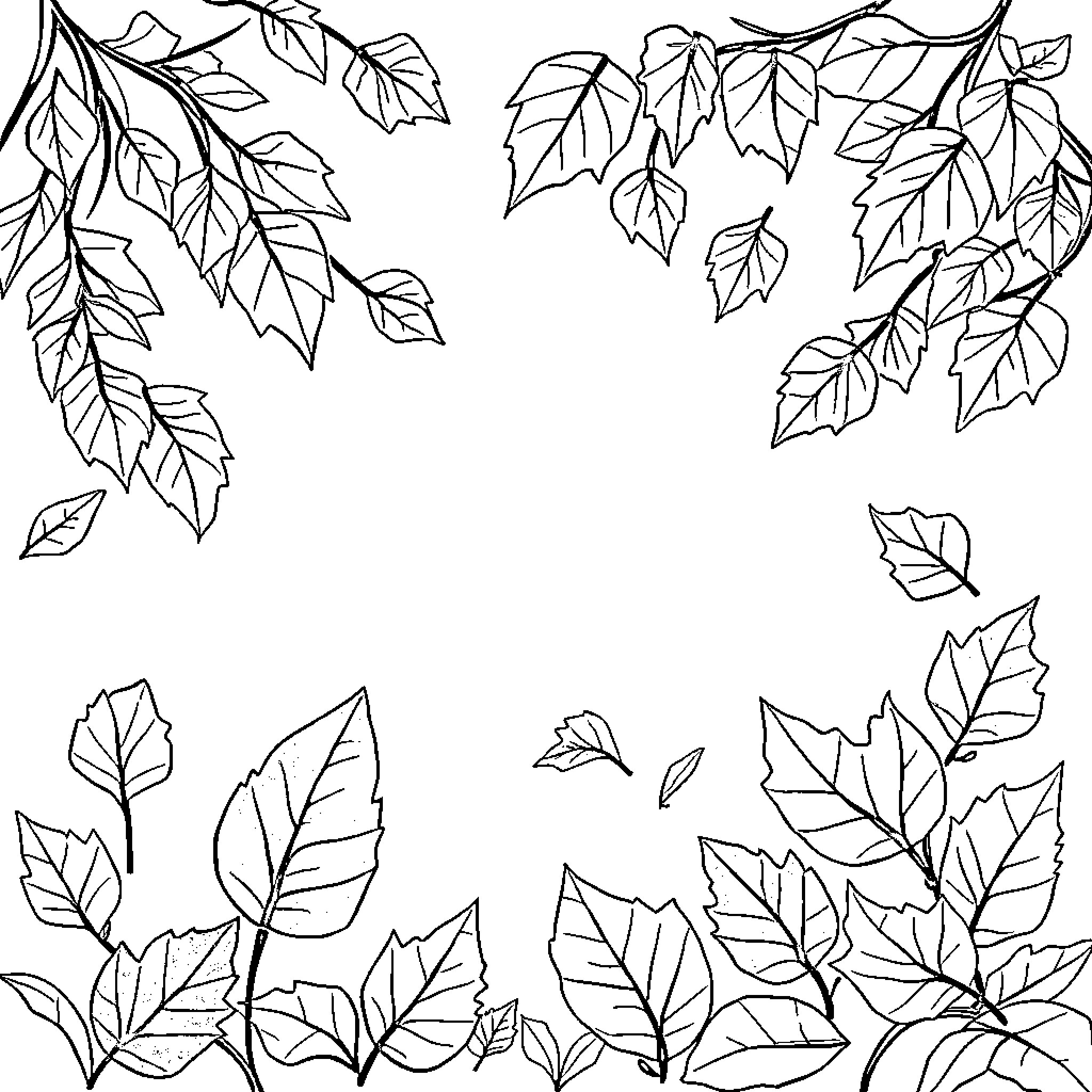 Fall Leaves Blowing in the Wind Coloring Page (free black-and-white line drawing printable PDF for all, from beginners to advanced learners, including children, teens, adults, and seniors)