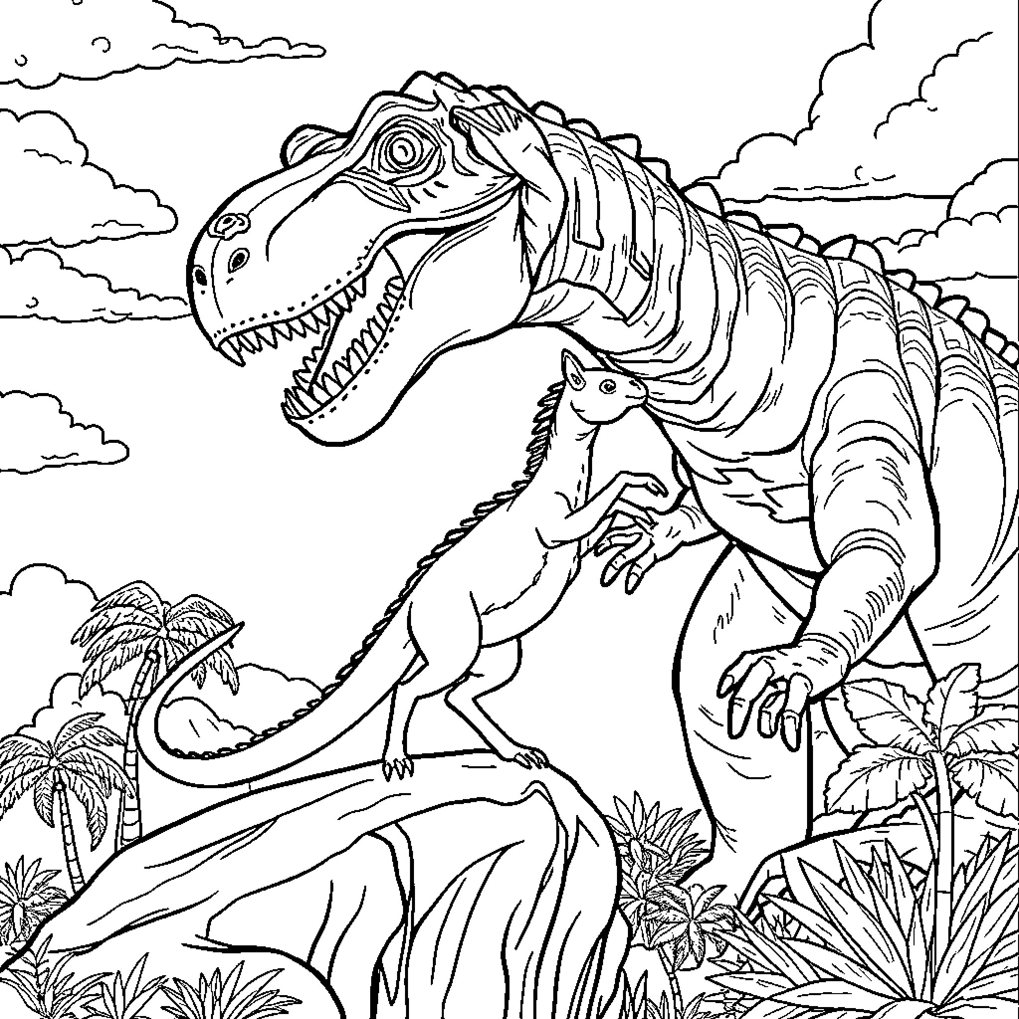 Rana's Jurassic Adventure Coloring Page (free black-and-white line drawing printable PDF for all, from beginners to advanced learners, including children, teens, adults, and seniors)