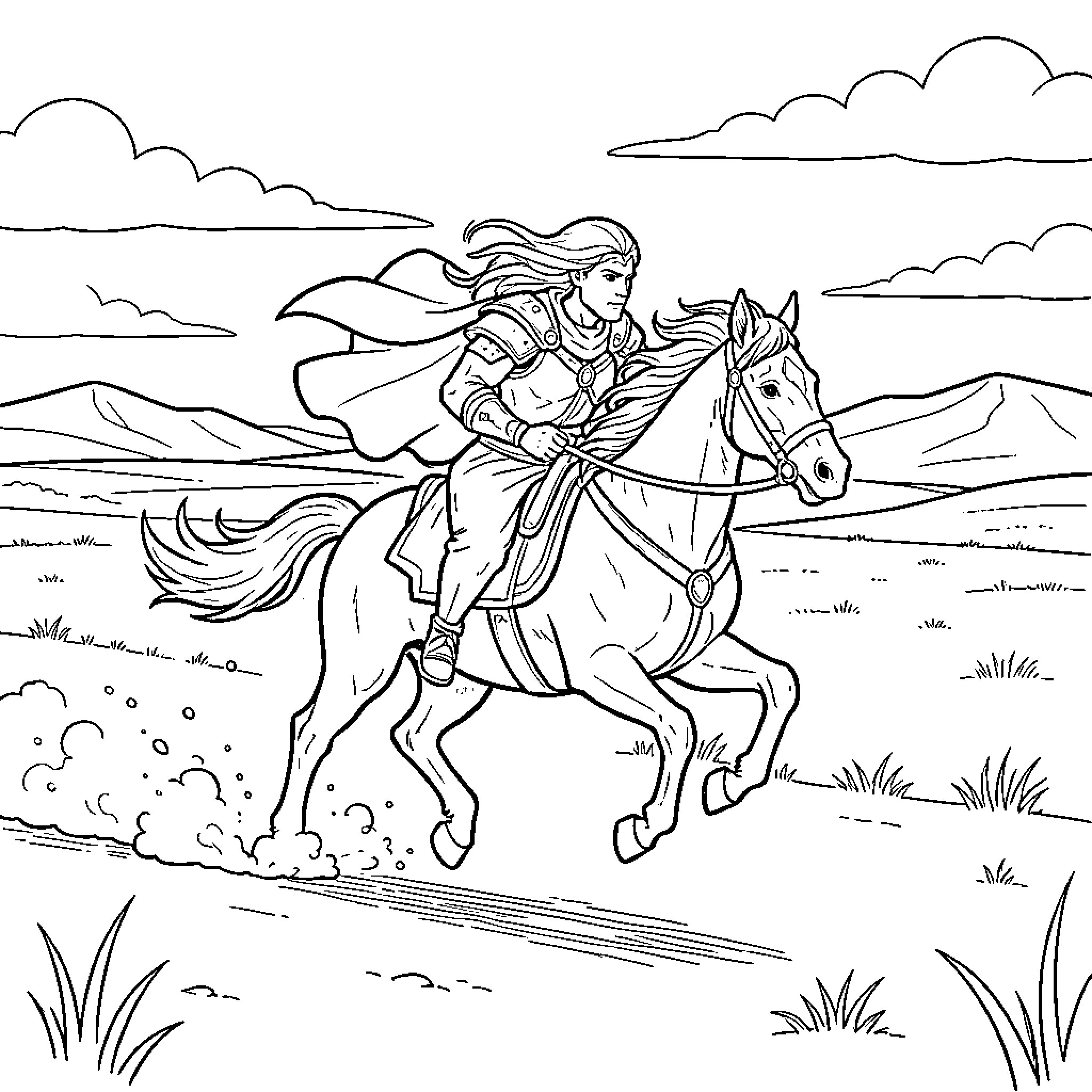 Arcanine rider galloping across a vast landscape Coloring Page (free black-and-white line drawing printable PDF for all, from beginners to advanced learners, including children, teens, adults, and seniors)