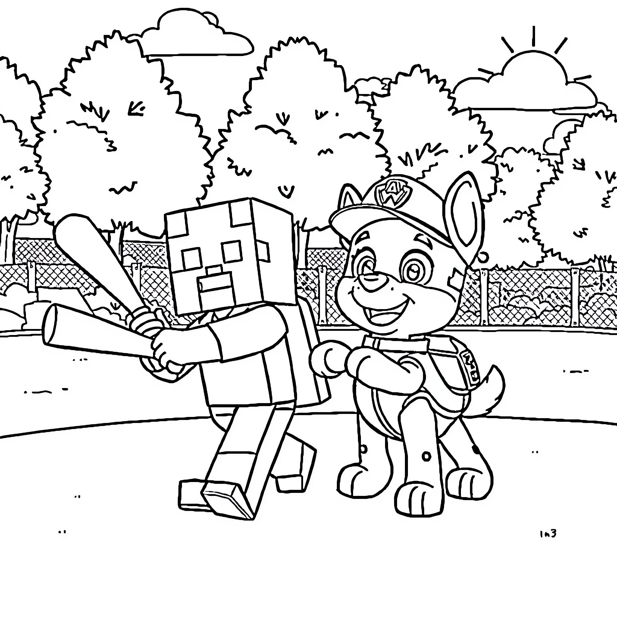 Character playing with baseball bat in a park Coloring Page (free black-and-white line drawing printable PDF for all, from beginners to advanced learners, including children, teens, adults, and seniors)