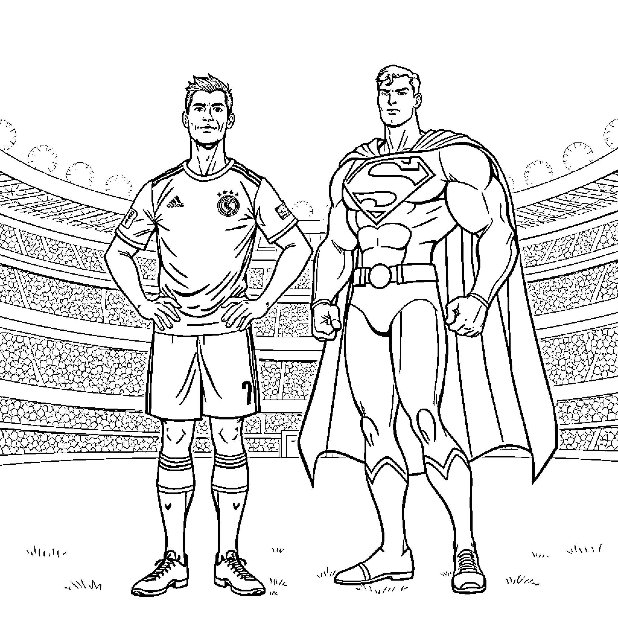 Ronaldo standing beside a superhero in a stadium Coloring Page (free black-and-white line drawing printable PDF for all, from beginners to advanced learners, including children, teens, adults, and seniors)