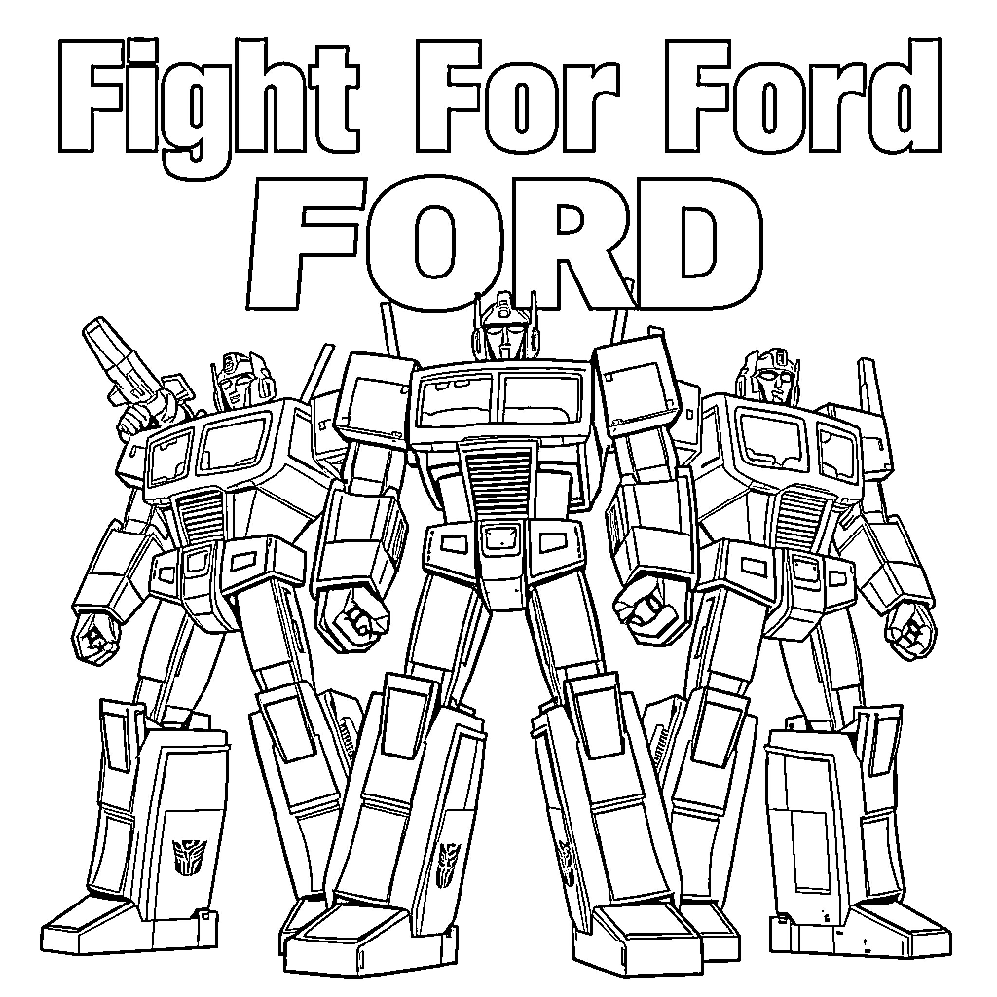 Transformer Robotic Squad Fighting for Ford Coloring Page (free black-and-white line drawing printable PDF for all, from beginners to advanced learners, including children, teens, adults, and seniors)