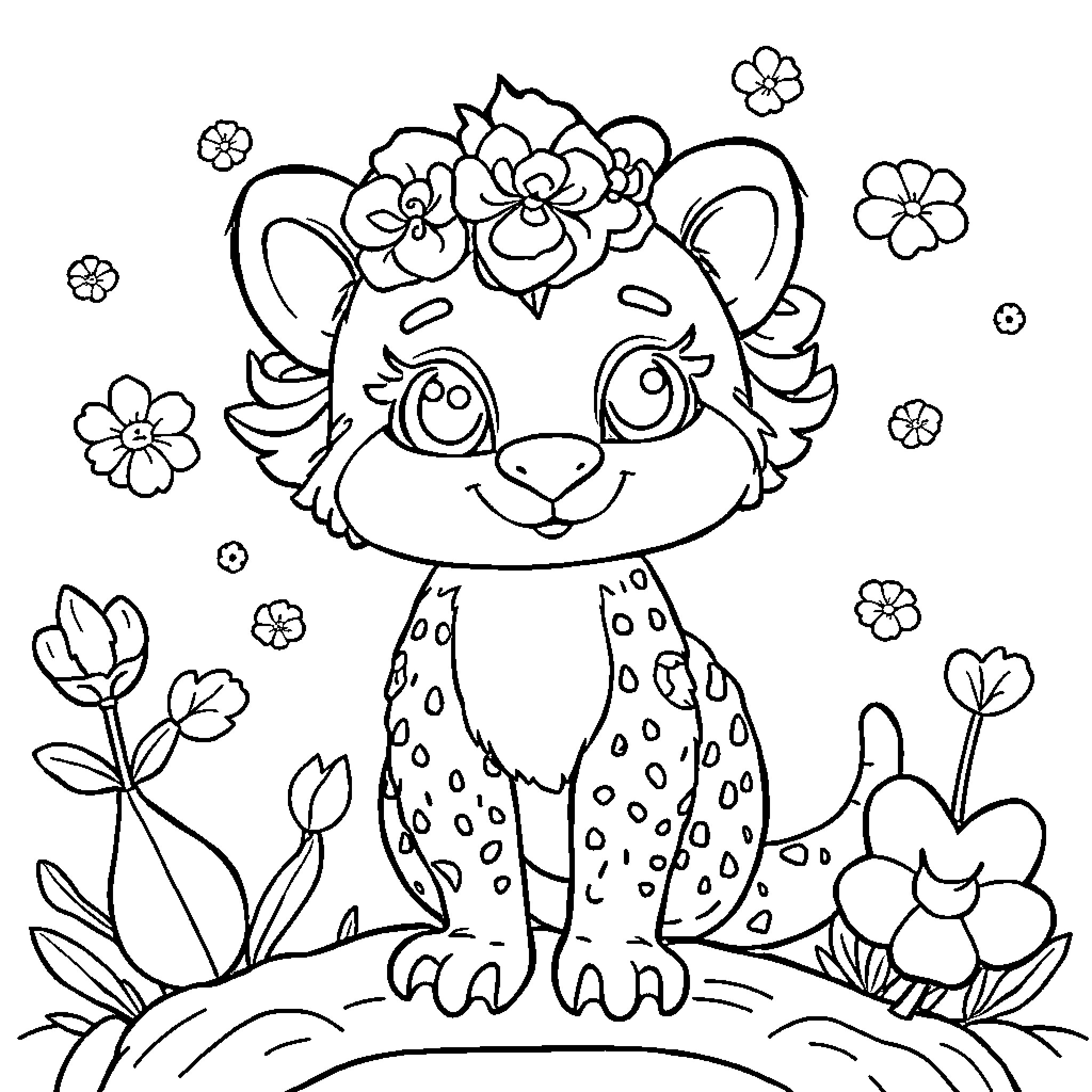 Children's whimsical creature surrounded by flowers Coloring Page (free black-and-white line drawing printable PDF for all, from beginners to advanced learners, including children, teens, adults, and seniors)