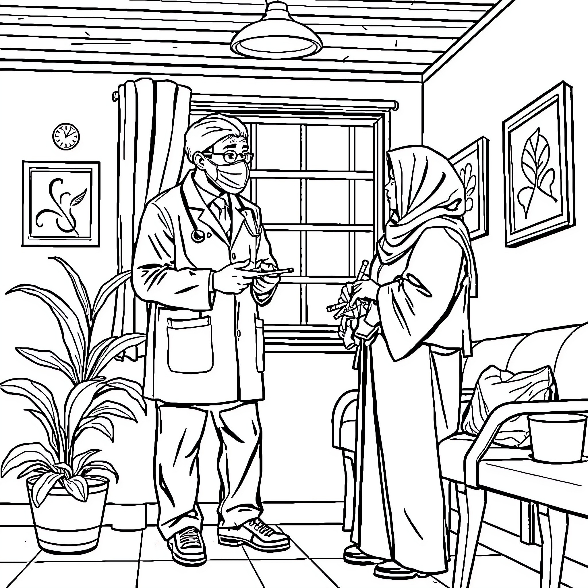 Doctor Examining Patient in Medical Office Coloring Page (free black-and-white line drawing printable PDF for all, from beginners to advanced learners, including children, teens, adults, and seniors)