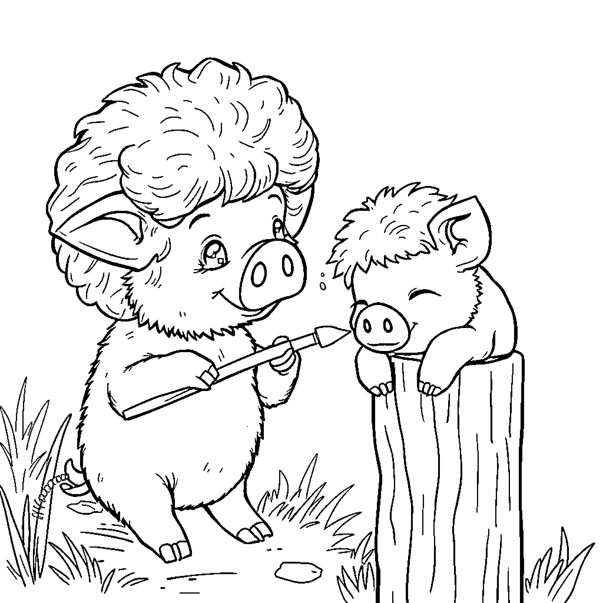 Piglet friends playing together in the countryside Coloring Page (free black-and-white line drawing printable PDF for all, from beginners to advanced learners, including children, teens, adults, and seniors)