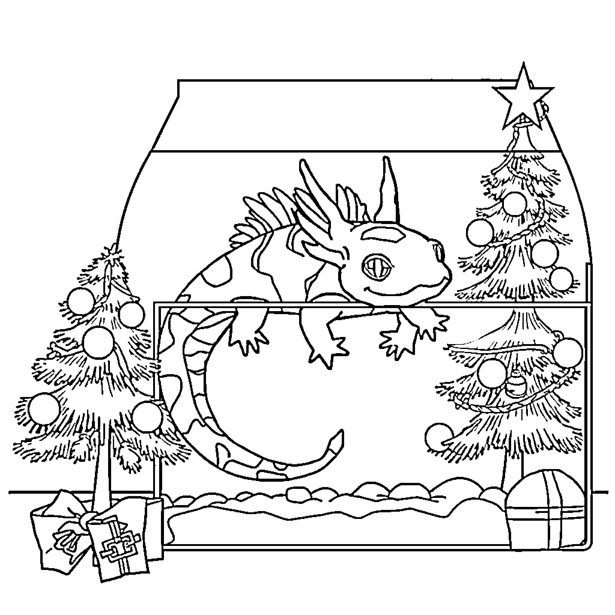 Axolotl frolicking in festive winter wonderland Coloring Page (free black-and-white line drawing printable PDF for all, from beginners to advanced learners, including children, teens, adults, and seniors)