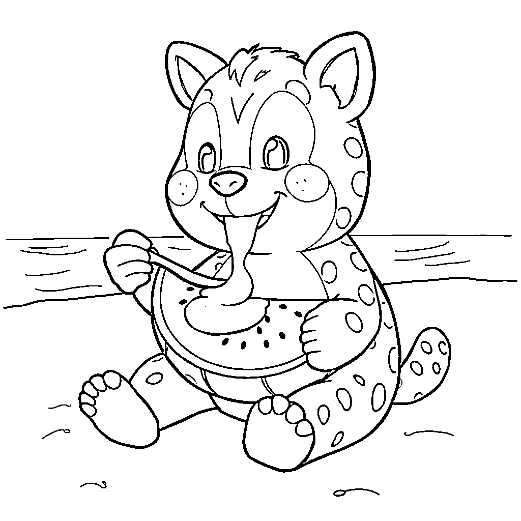Huw the playful spotted animal in a field Coloring Page (free black-and-white line drawing printable PDF for all, from beginners to advanced learners, including children, teens, adults, and seniors)