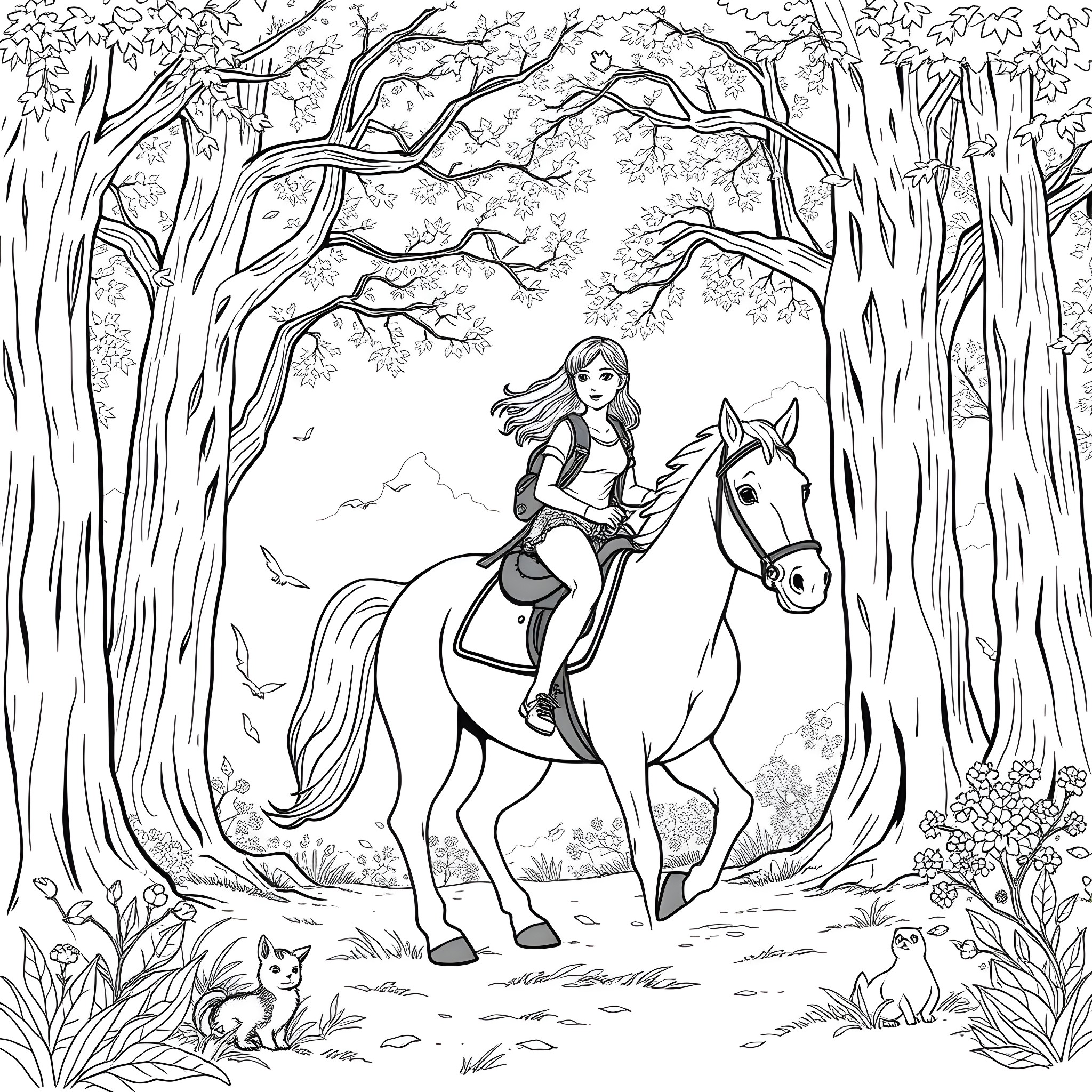 Girl riding a horse in a forest Coloring Page (free black-and-white line drawing printable PDF for all, from beginners to advanced learners, including children, teens, adults, and seniors)