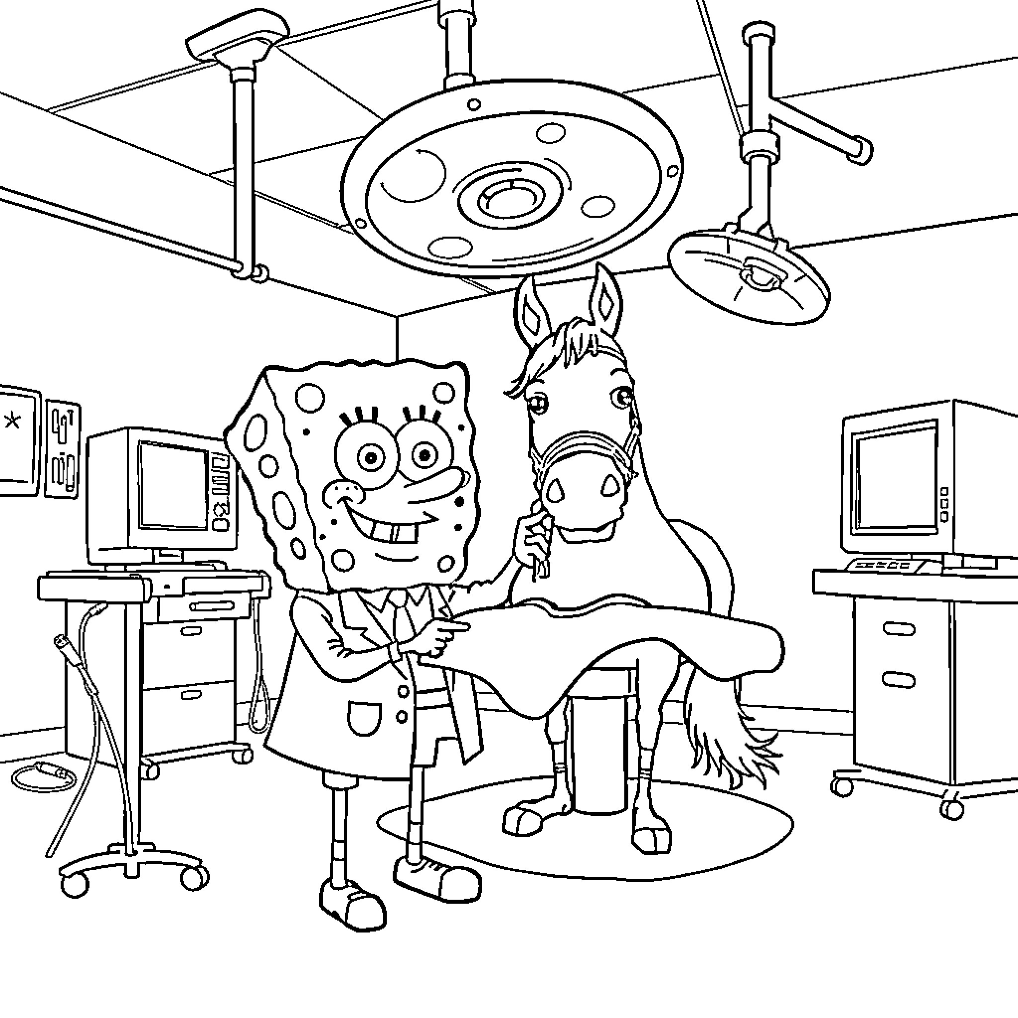 Spongebob and Horse in Medical Office Coloring Page (free black-and-white line drawing printable PDF for all, from beginners to advanced learners, including children, teens, adults, and seniors)