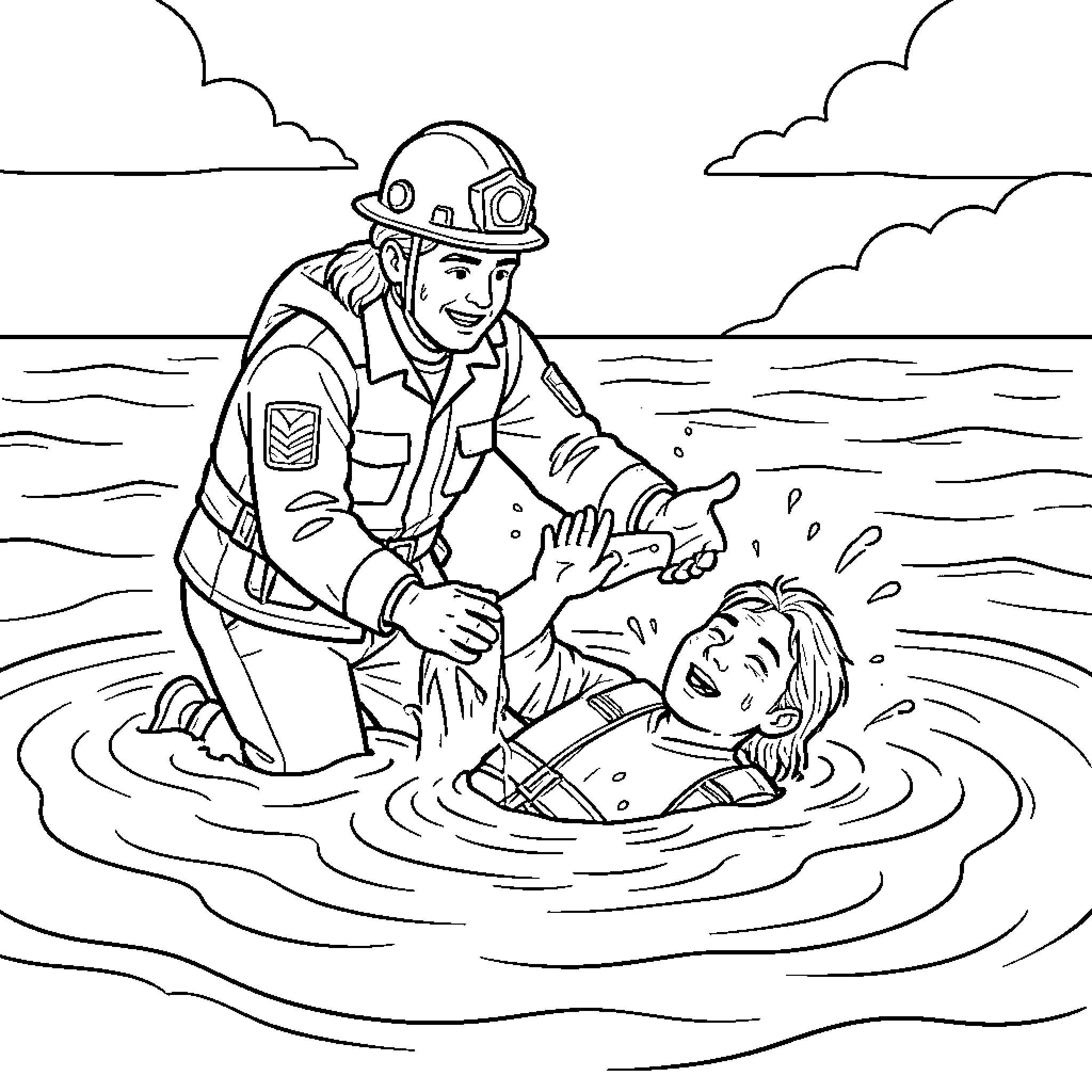 Спасатель помогает человеку в воде Coloring Page (free black-and-white line drawing printable PDF for all, from beginners to advanced learners, including children, teens, adults, and seniors)