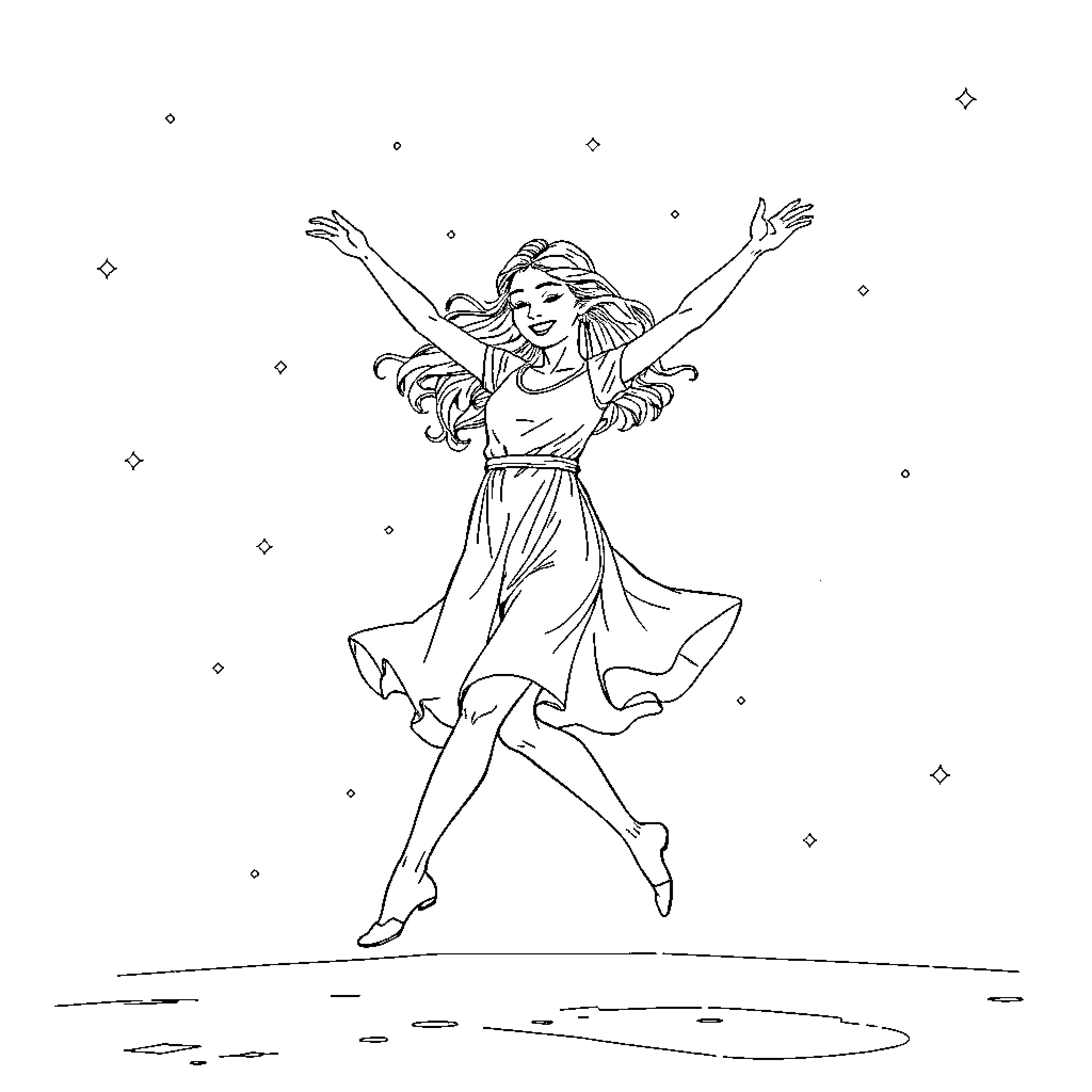 Girl dancing joyfully with arms raised Coloring Page (free black-and-white line drawing printable PDF for all, from beginners to advanced learners, including children, teens, adults, and seniors)