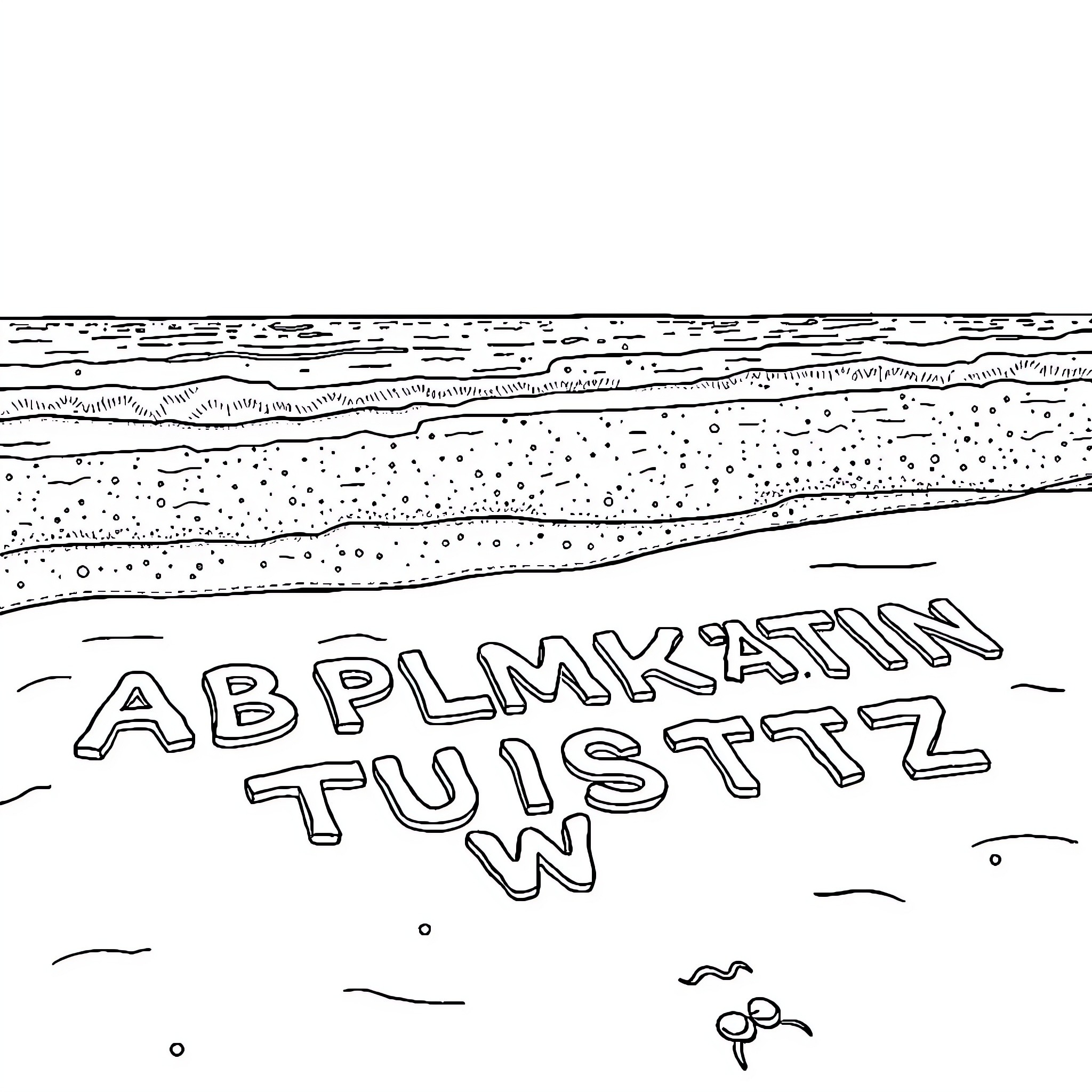 Alphabet characters exploring in the landscape Coloring Page (free black-and-white line drawing printable PDF for all, from beginners to advanced learners, including children, teens, adults, and seniors)