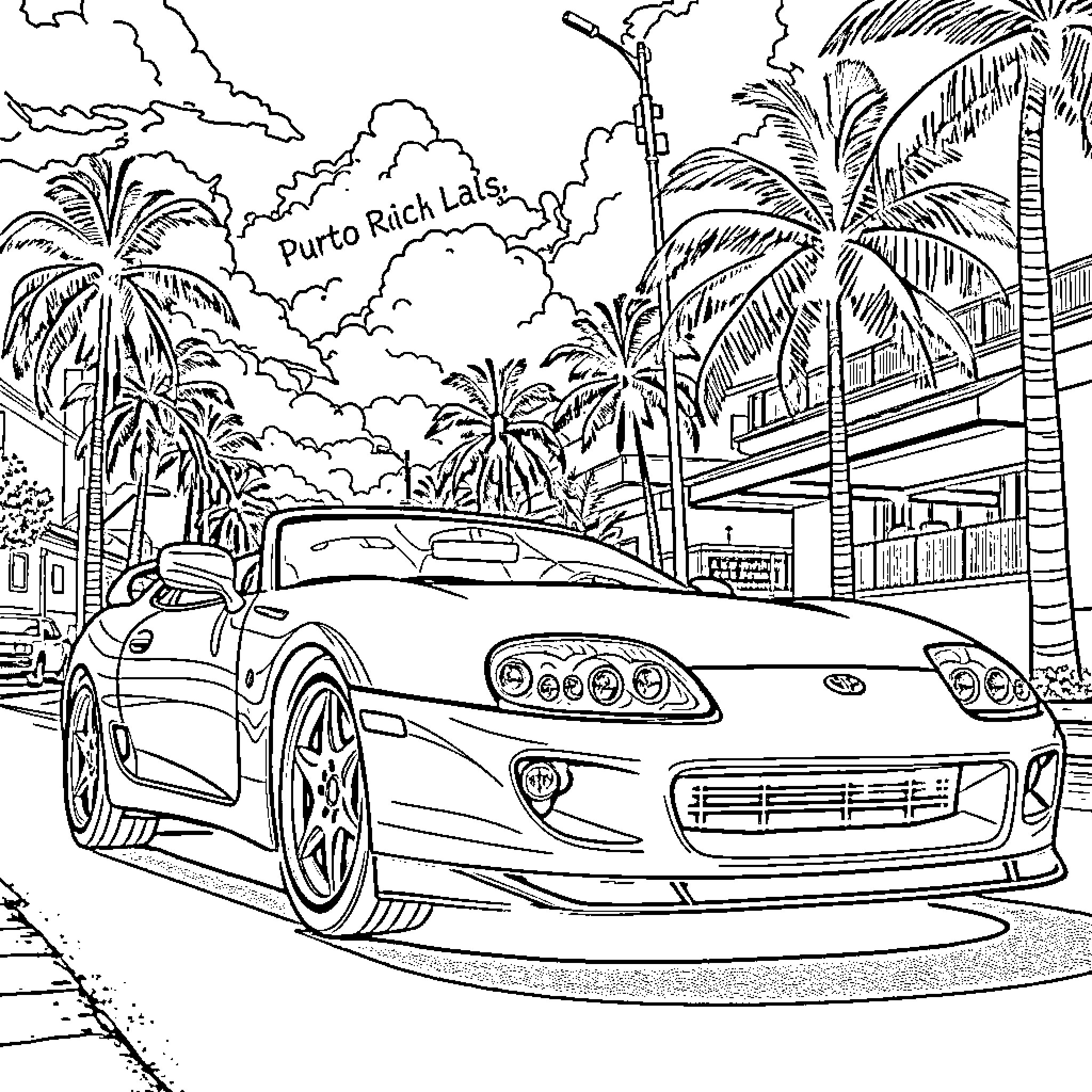 Toyota Supra speeding through palm-lined streets Coloring Page (free black-and-white line drawing printable PDF for all, from beginners to advanced learners, including children, teens, adults, and seniors)