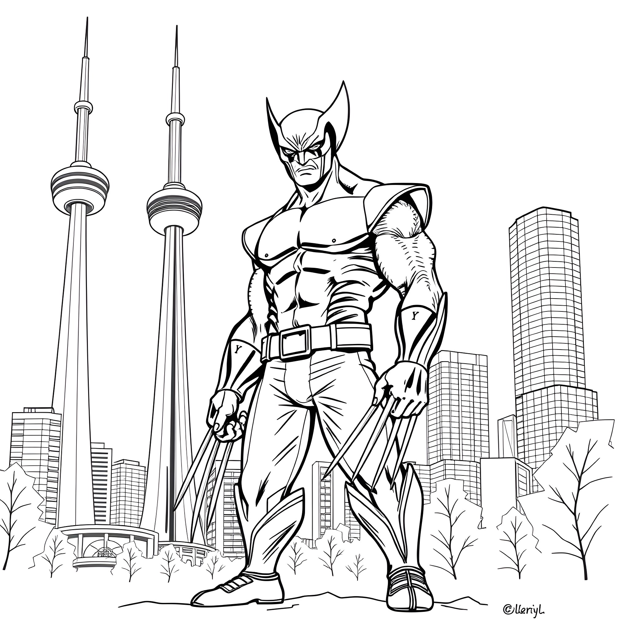 Wolverine overlooking the city skyline Coloring Page (free black-and-white line drawing printable PDF for all, from beginners to advanced learners, including children, teens, adults, and seniors)