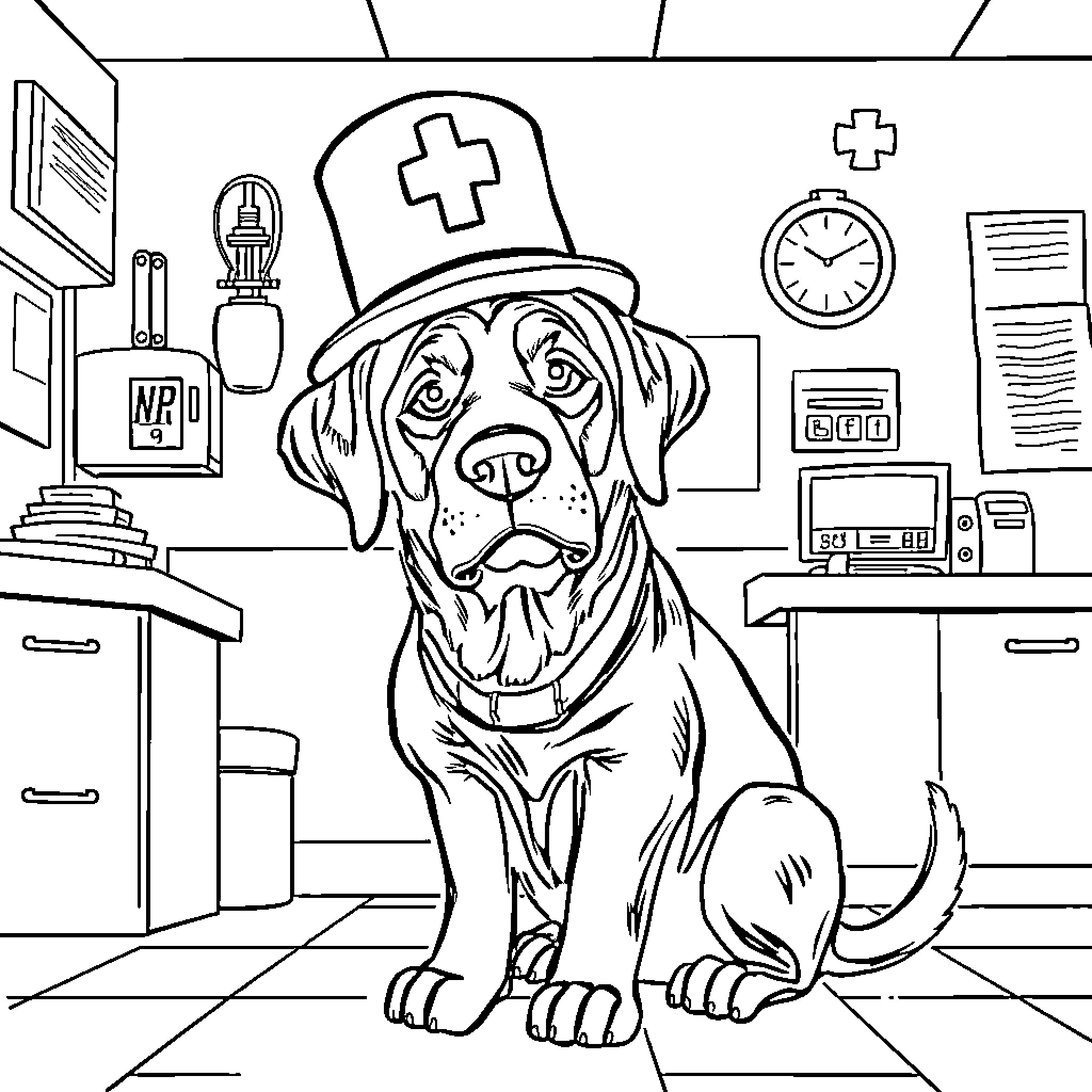 Dog dressed as medical professional in a clinic Coloring Page (free black-and-white line drawing printable PDF for all, from beginners to advanced learners, including children, teens, adults, and seniors)