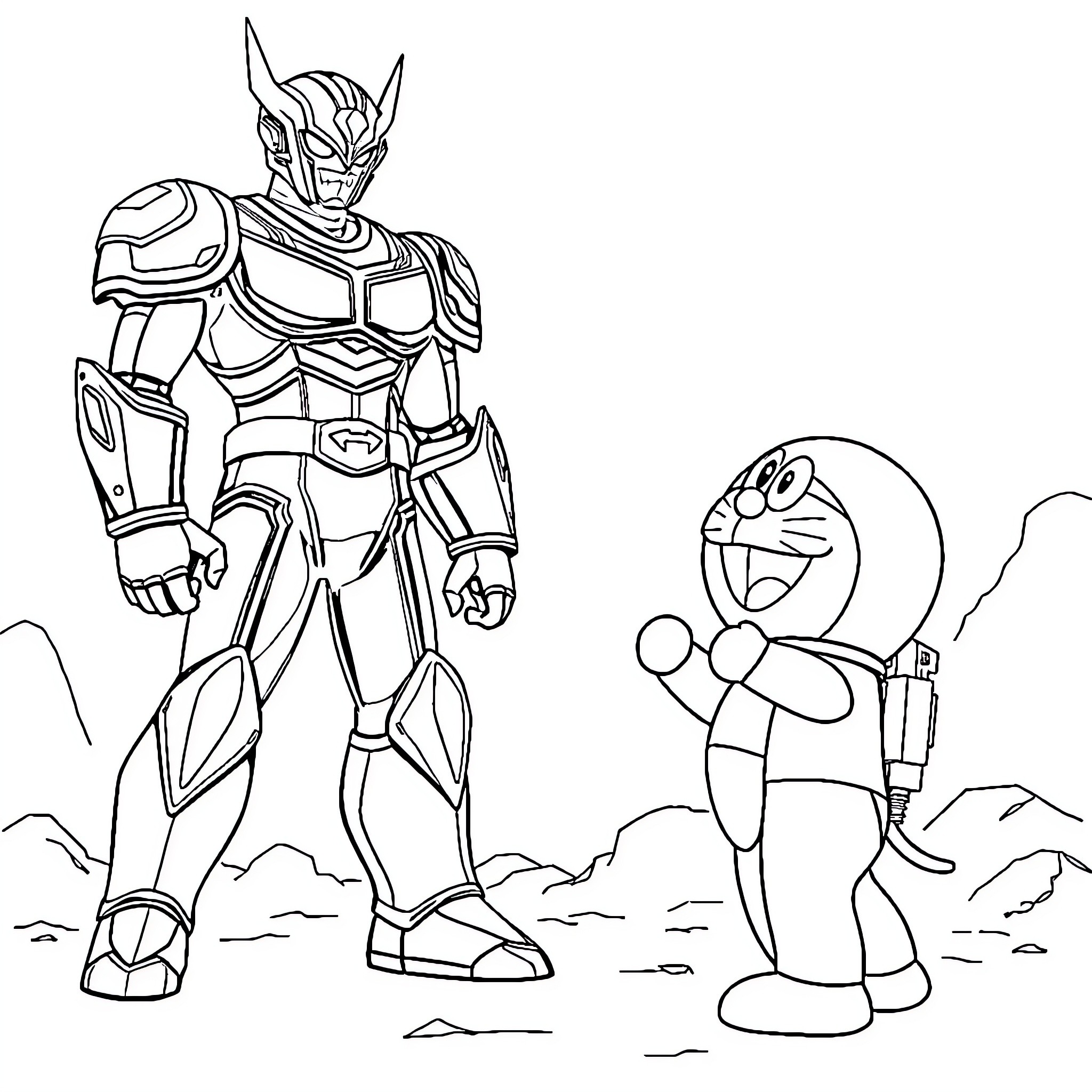 Ultraman battling with a friendly robot companion Coloring Page (free black-and-white line drawing printable PDF for all, from beginners to advanced learners, including children, teens, adults, and seniors)