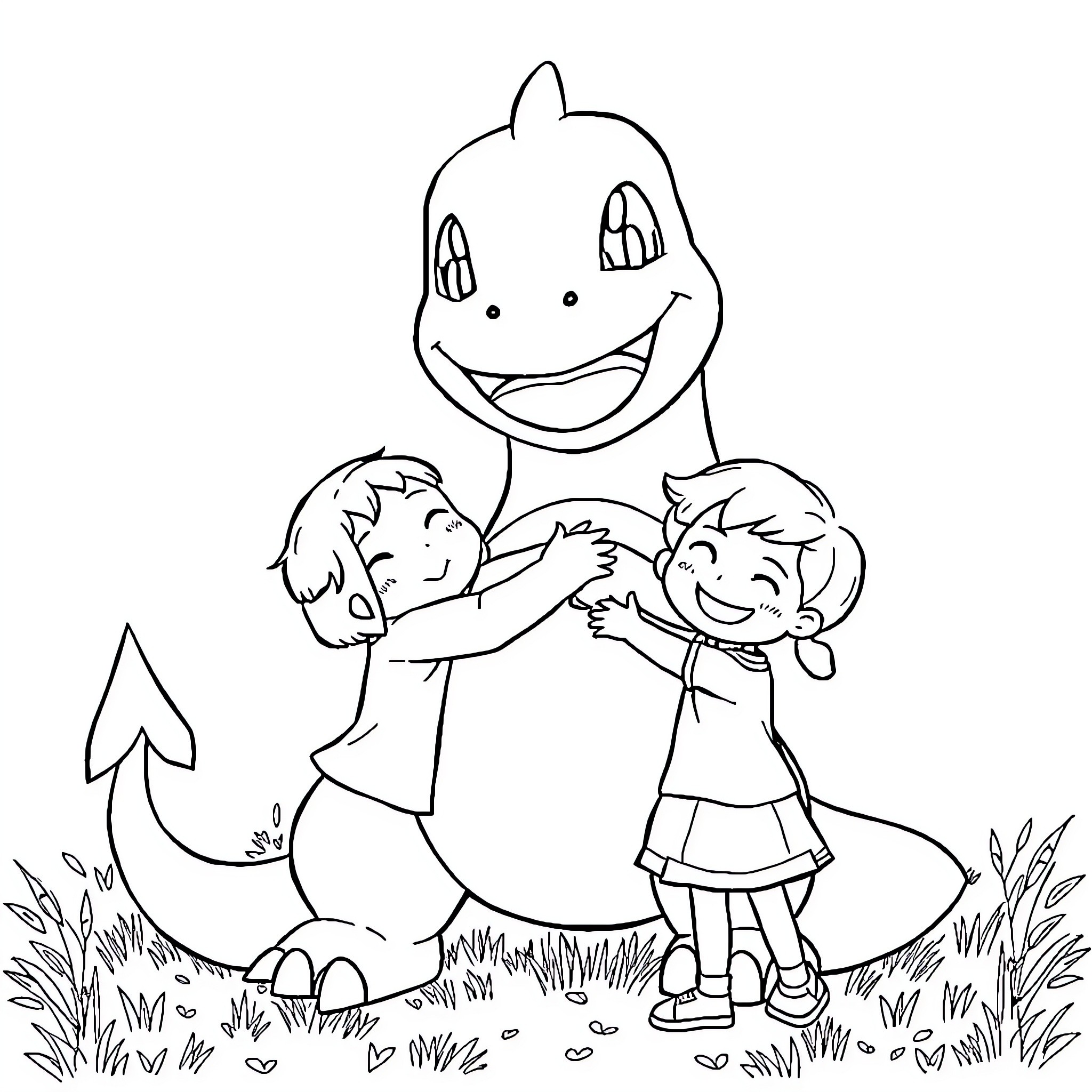 Charmander entertaining children in the field Coloring Page (free black-and-white line drawing printable PDF for all, from beginners to advanced learners, including children, teens, adults, and seniors)