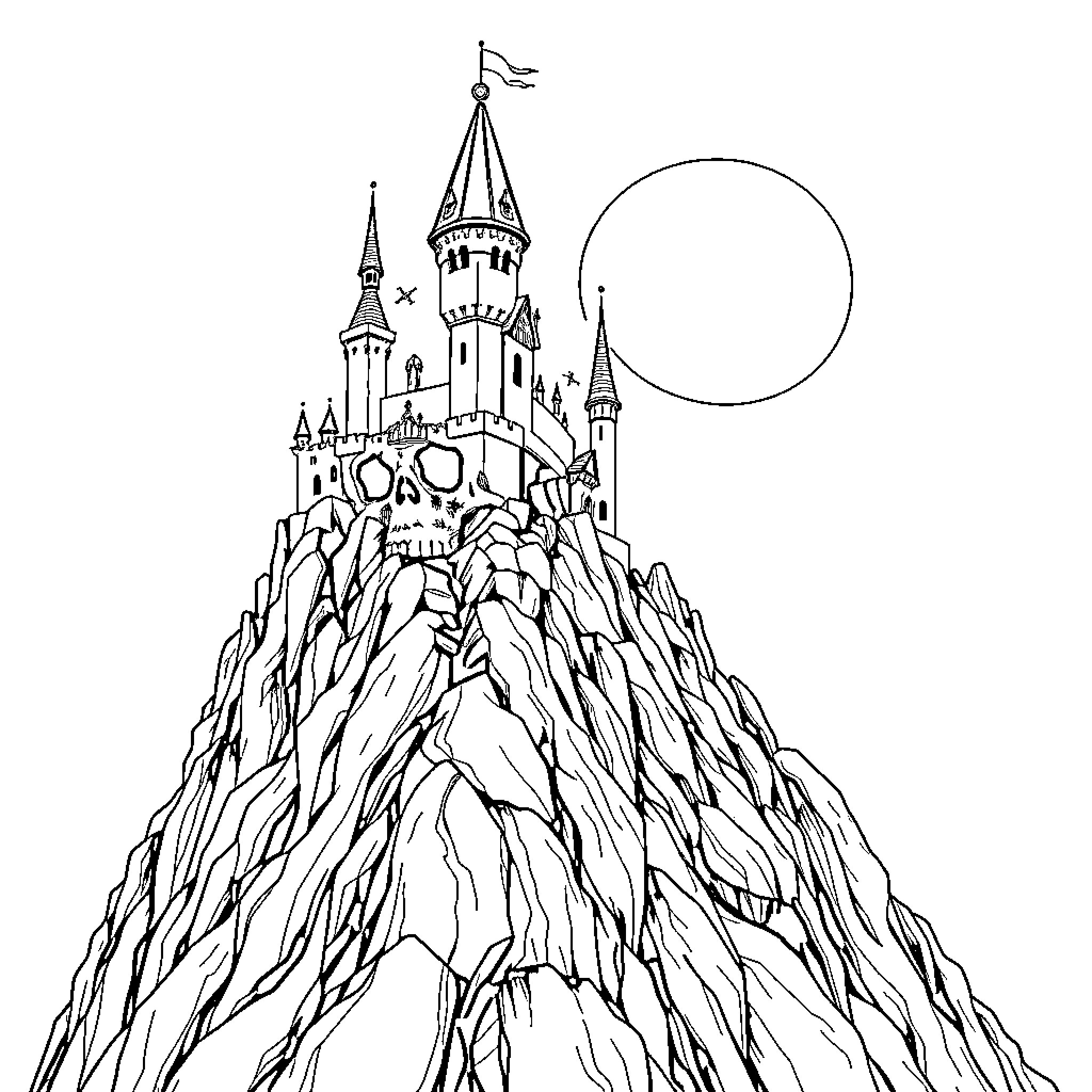 Skull-shaped Castle on Jagged Mountains Coloring Page (free black-and-white line drawing printable PDF for all, from beginners to advanced learners, including children, teens, adults, and seniors)