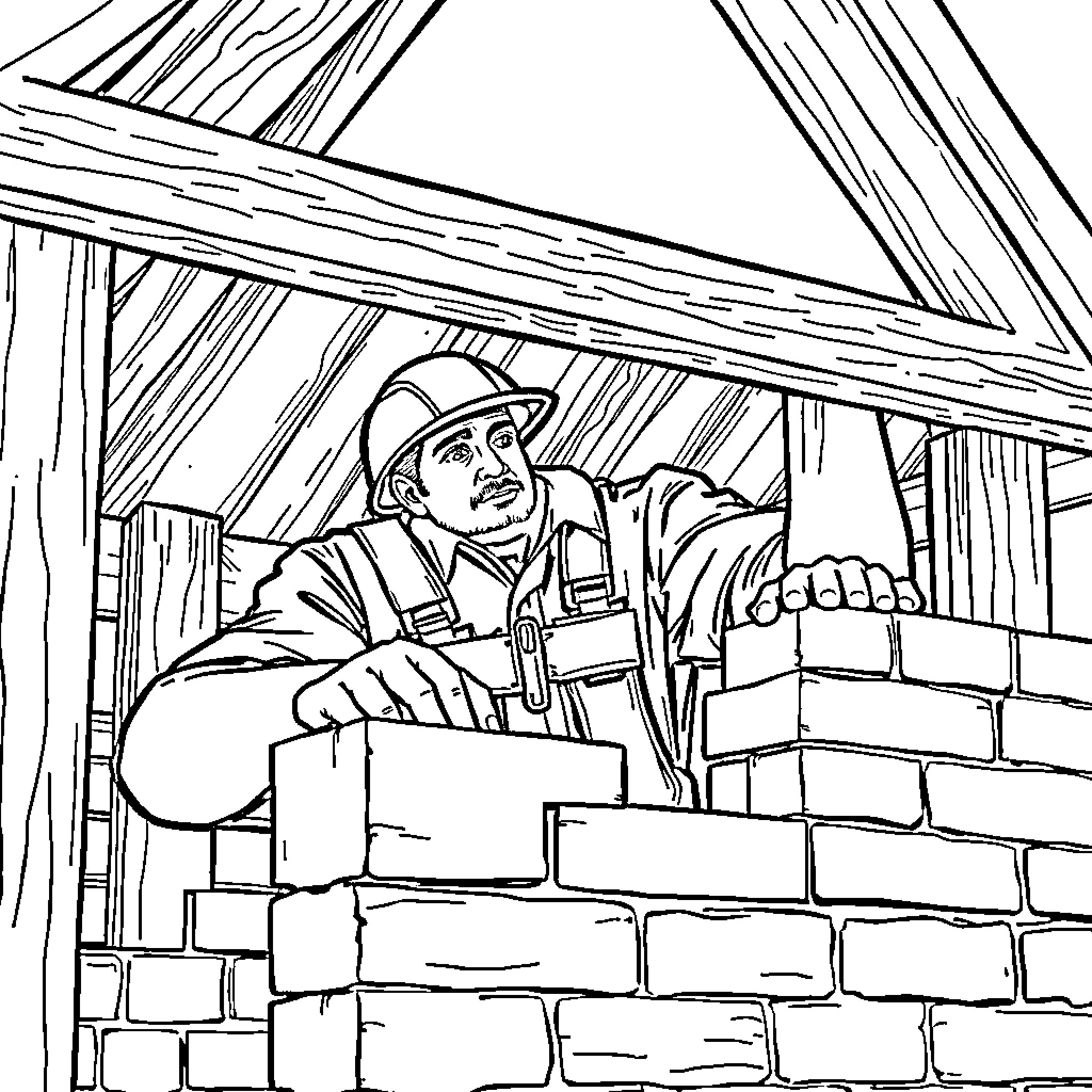 Guy Working Hard on a Construction Project Coloring Page (free black-and-white line drawing printable PDF for all, from beginners to advanced learners, including children, teens, adults, and seniors)