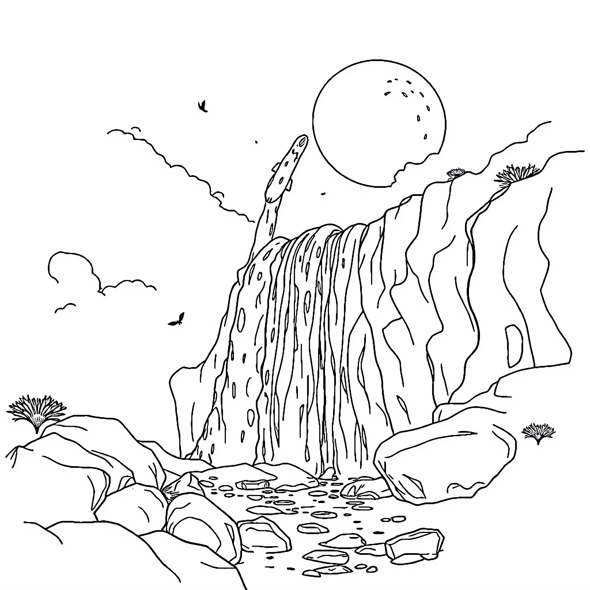 Waterfall at moonlit night with rocky landscape Coloring Page (free black-and-white line drawing printable PDF for all, from beginners to advanced learners, including children, teens, adults, and seniors)