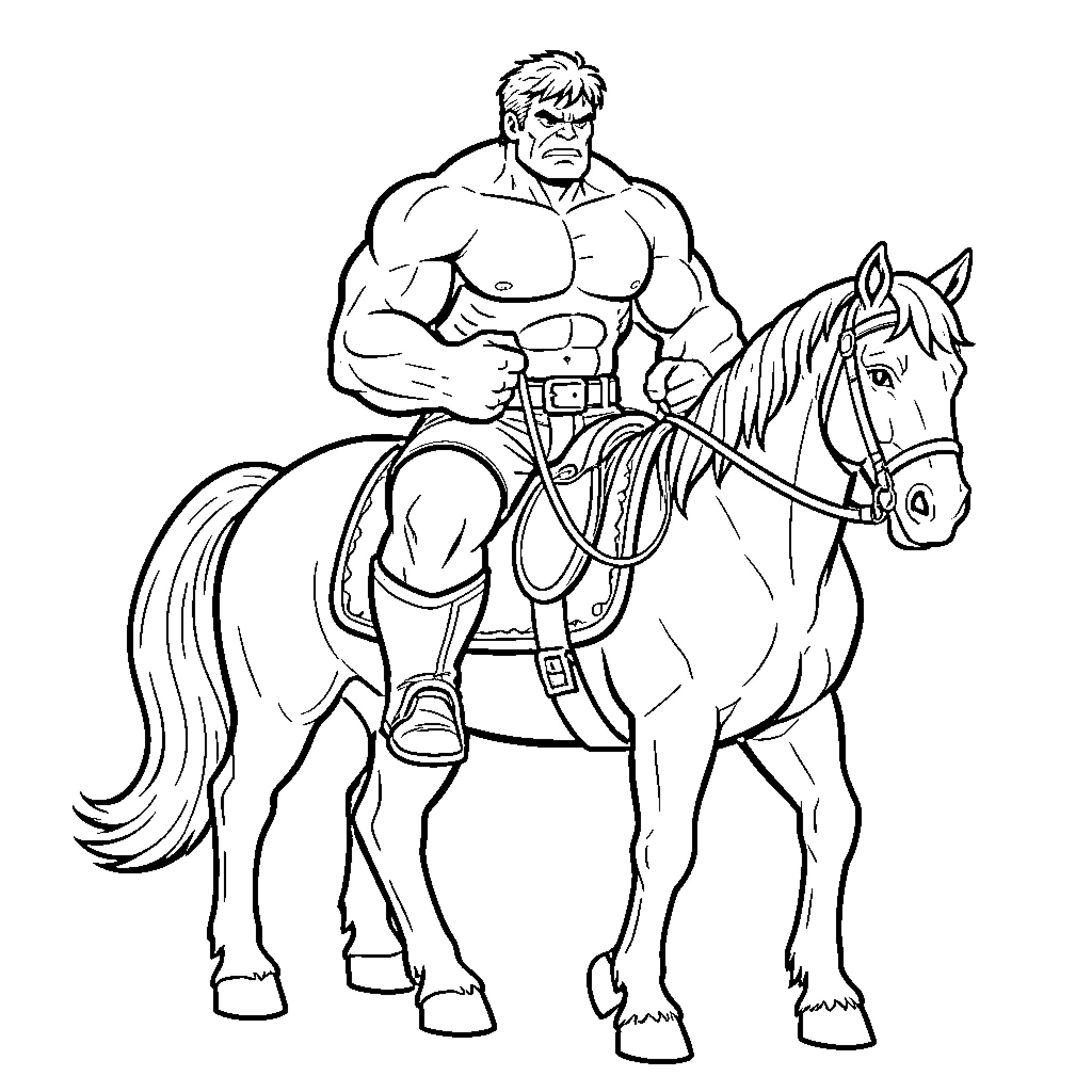 Hulk riding a horse with a serious expression Coloring Page (free black-and-white line drawing printable PDF for all, from beginners to advanced learners, including children, teens, adults, and seniors)
