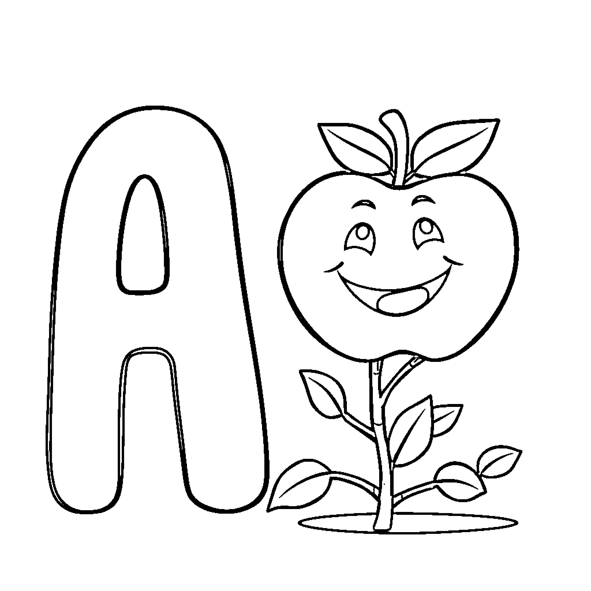 Apple Alphabet Letter A with Smiling Flower Coloring Page (free black-and-white line drawing printable PDF for all, from beginners to advanced learners, including children, teens, adults, and seniors)