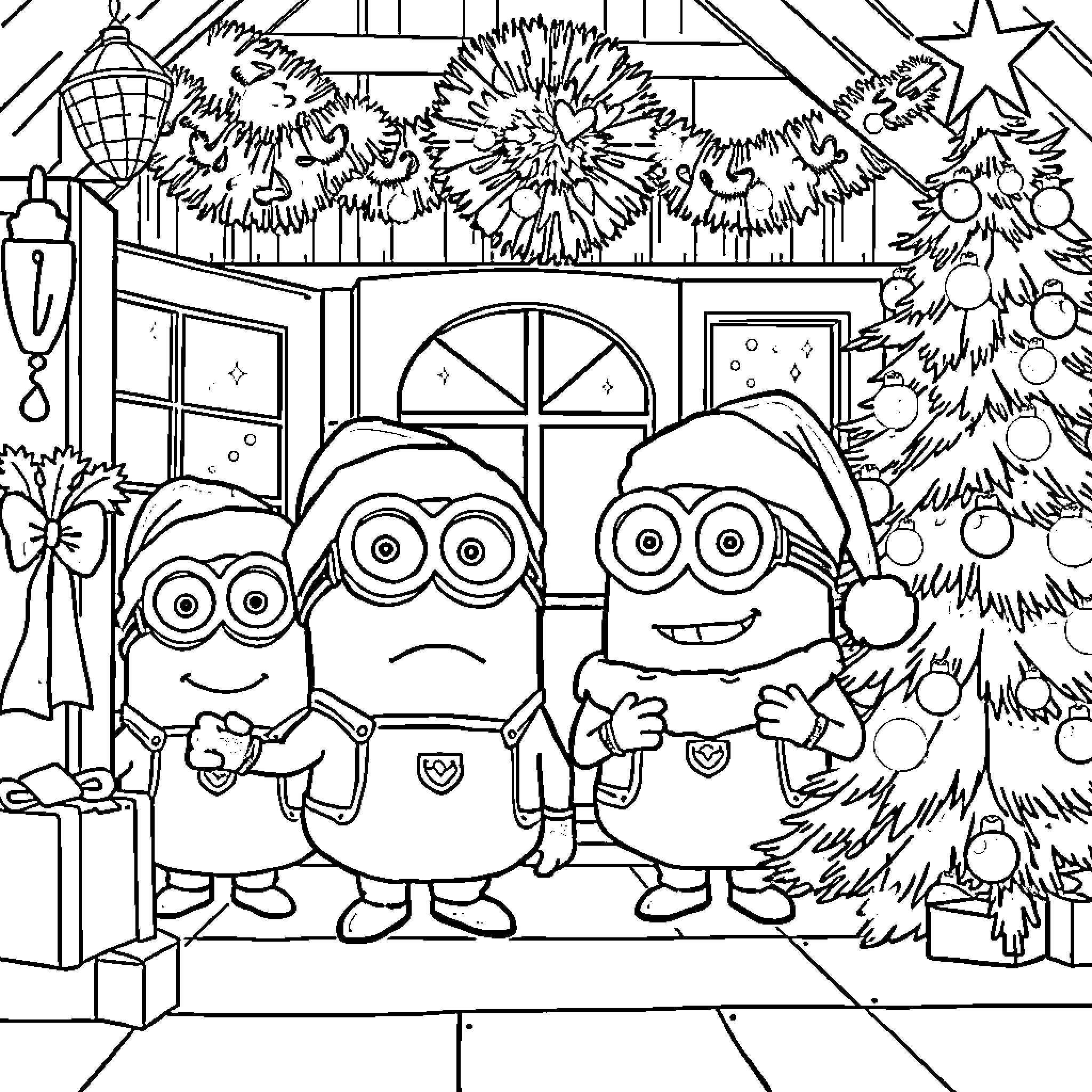 Minions celebrating Christmas in festive decor Coloring Page (free black-and-white line drawing printable PDF for all, from beginners to advanced learners, including children, teens, adults, and seniors)