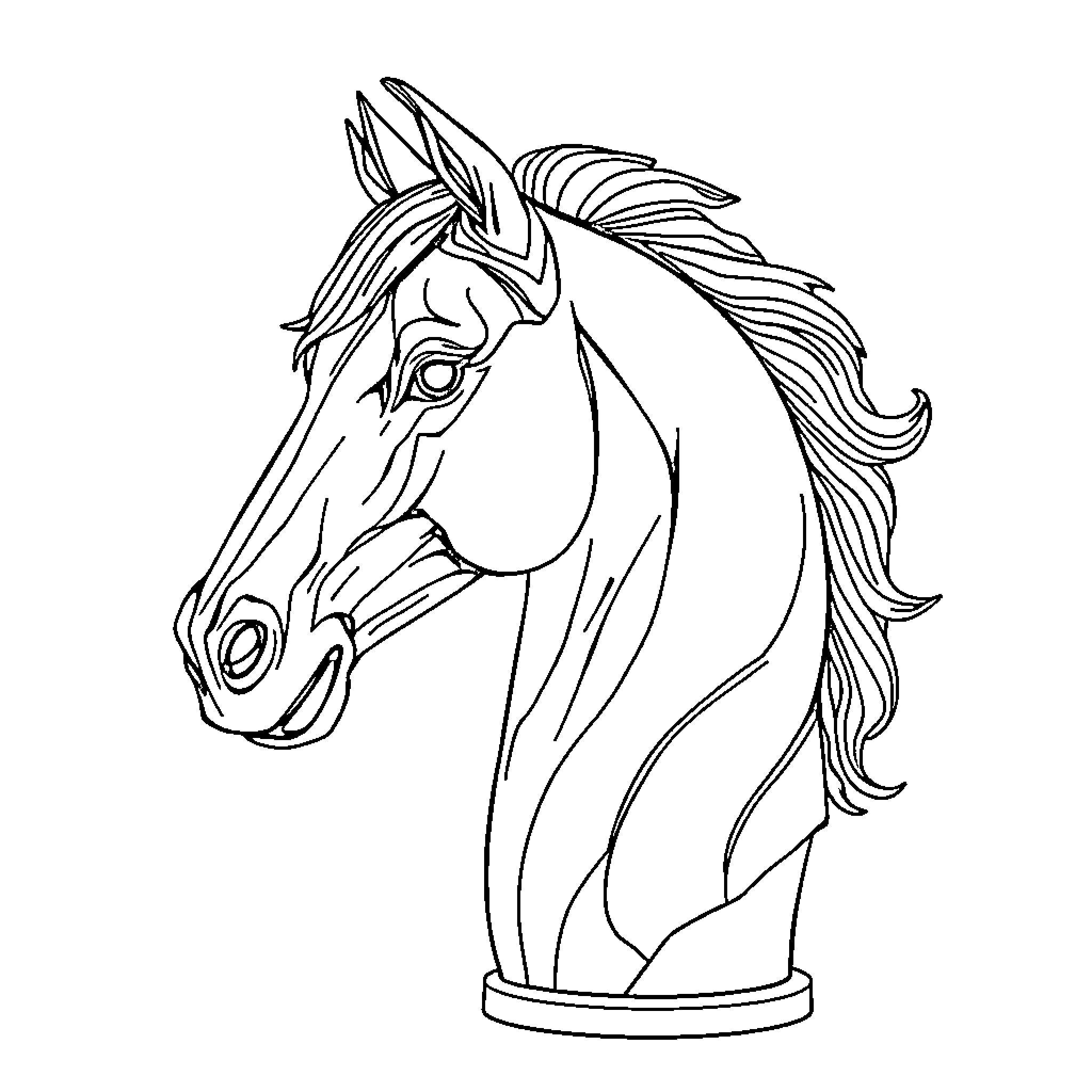 Horse with flowing mane and detailed features Coloring Page (free black-and-white line drawing printable PDF for all, from beginners to advanced learners, including children, teens, adults, and seniors)