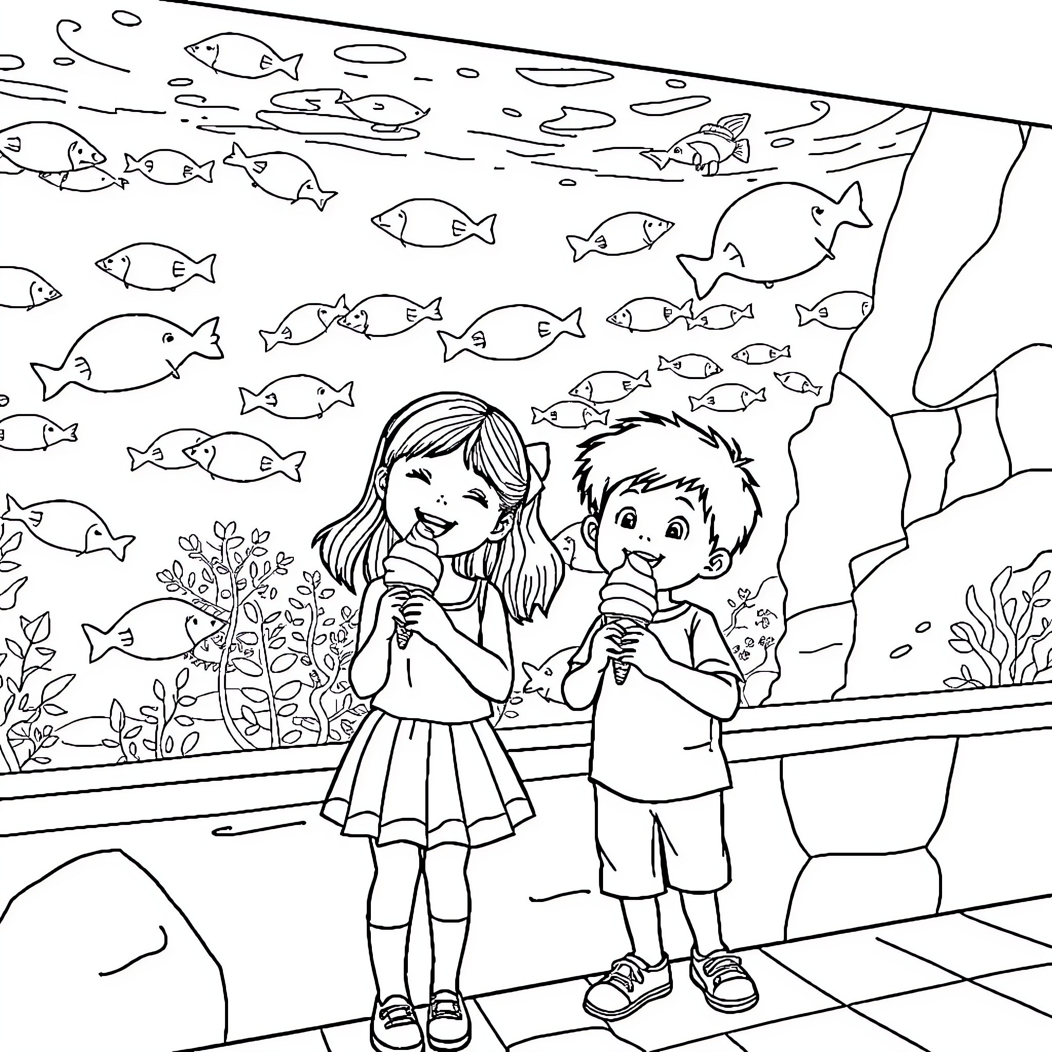 Girl and Boy Enjoying a Visit to the Aquarium Coloring Page (free black-and-white line drawing printable PDF for all, from beginners to advanced learners, including children, teens, adults, and seniors)