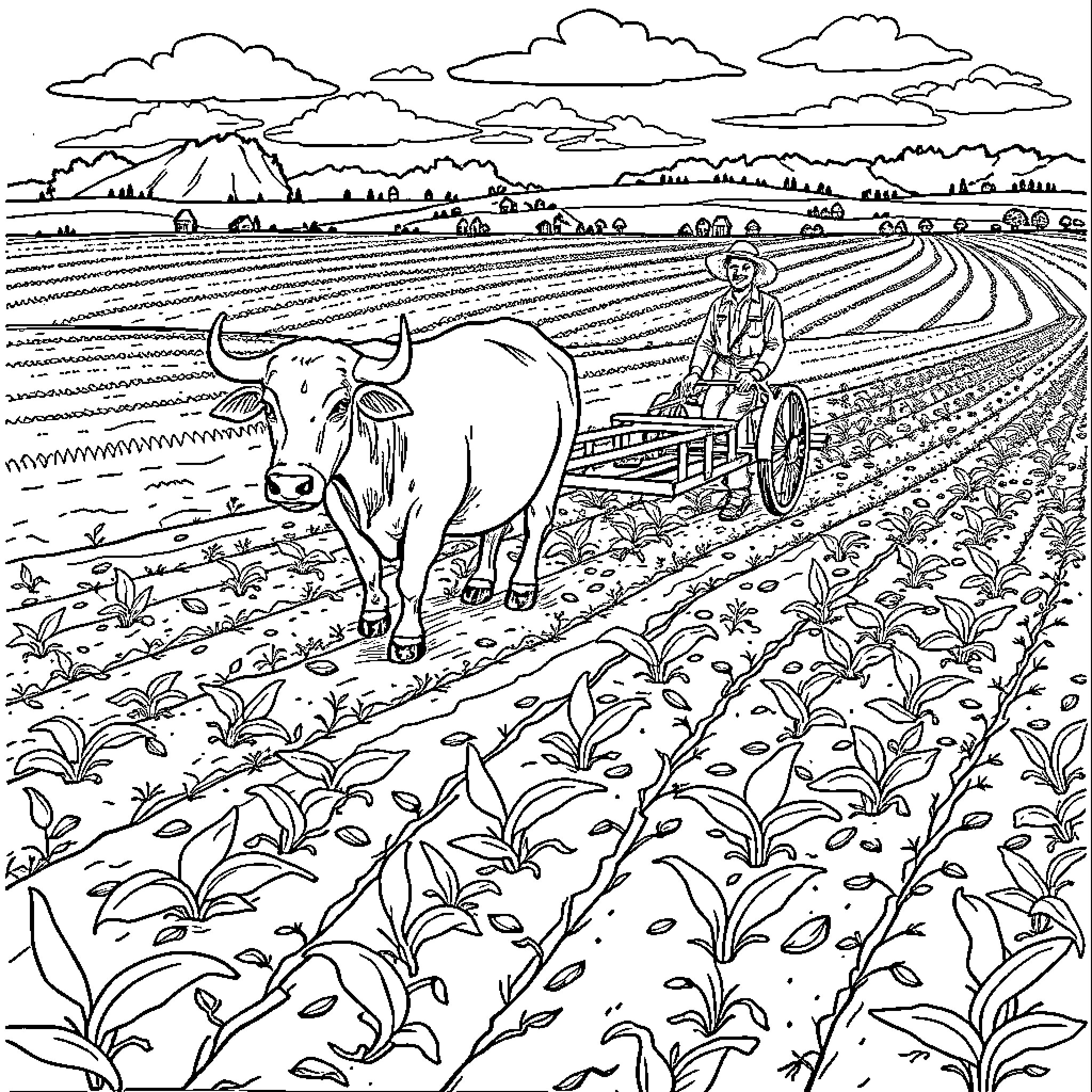 Oxen pulling a cart through a lush farm field Coloring Page (free black-and-white line drawing printable PDF for all, from beginners to advanced learners, including children, teens, adults, and seniors)