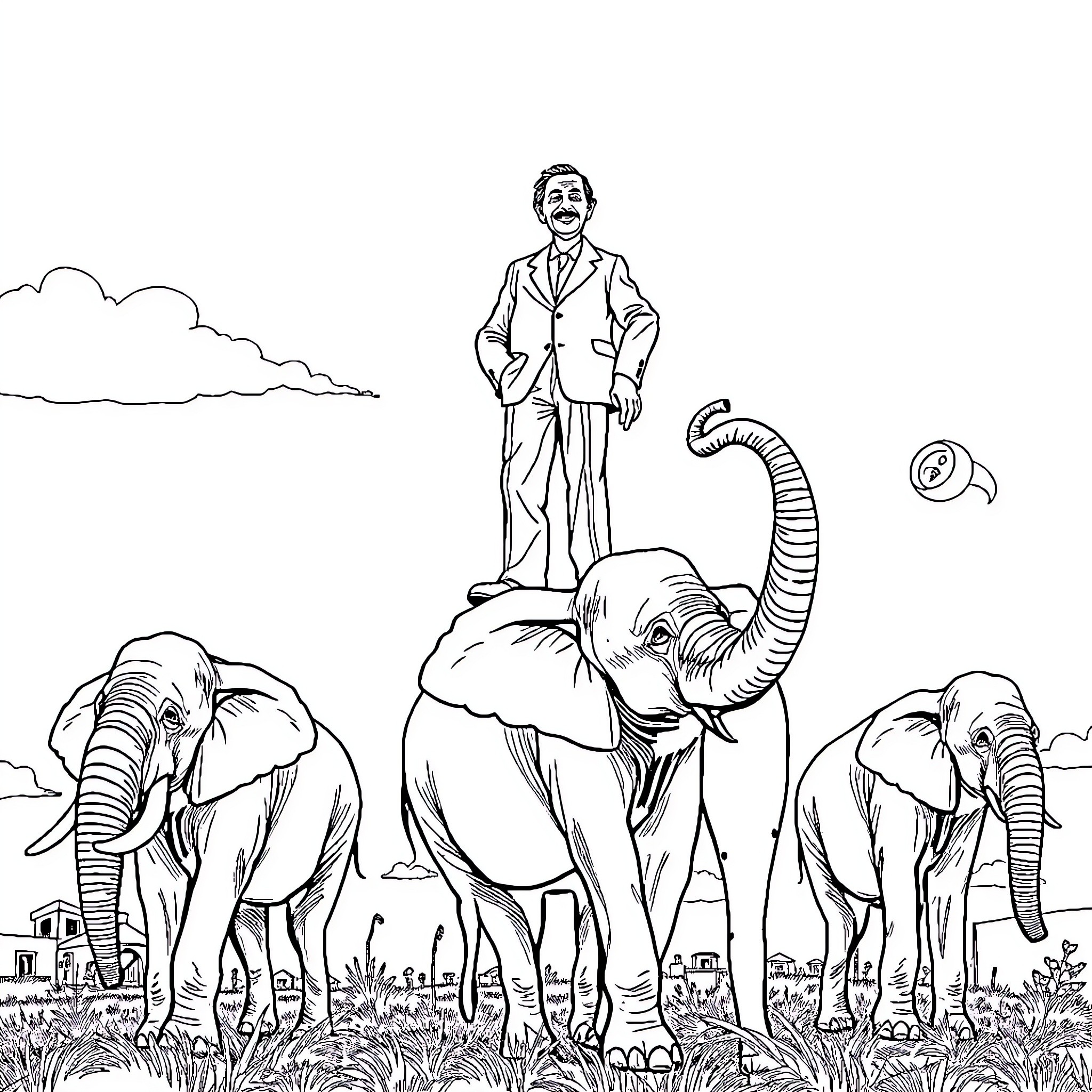 Elephant Trainers Interacting with Elephants in the Savanna Coloring Page (free black-and-white line drawing printable PDF for all, from beginners to advanced learners, including children, teens, adults, and seniors)