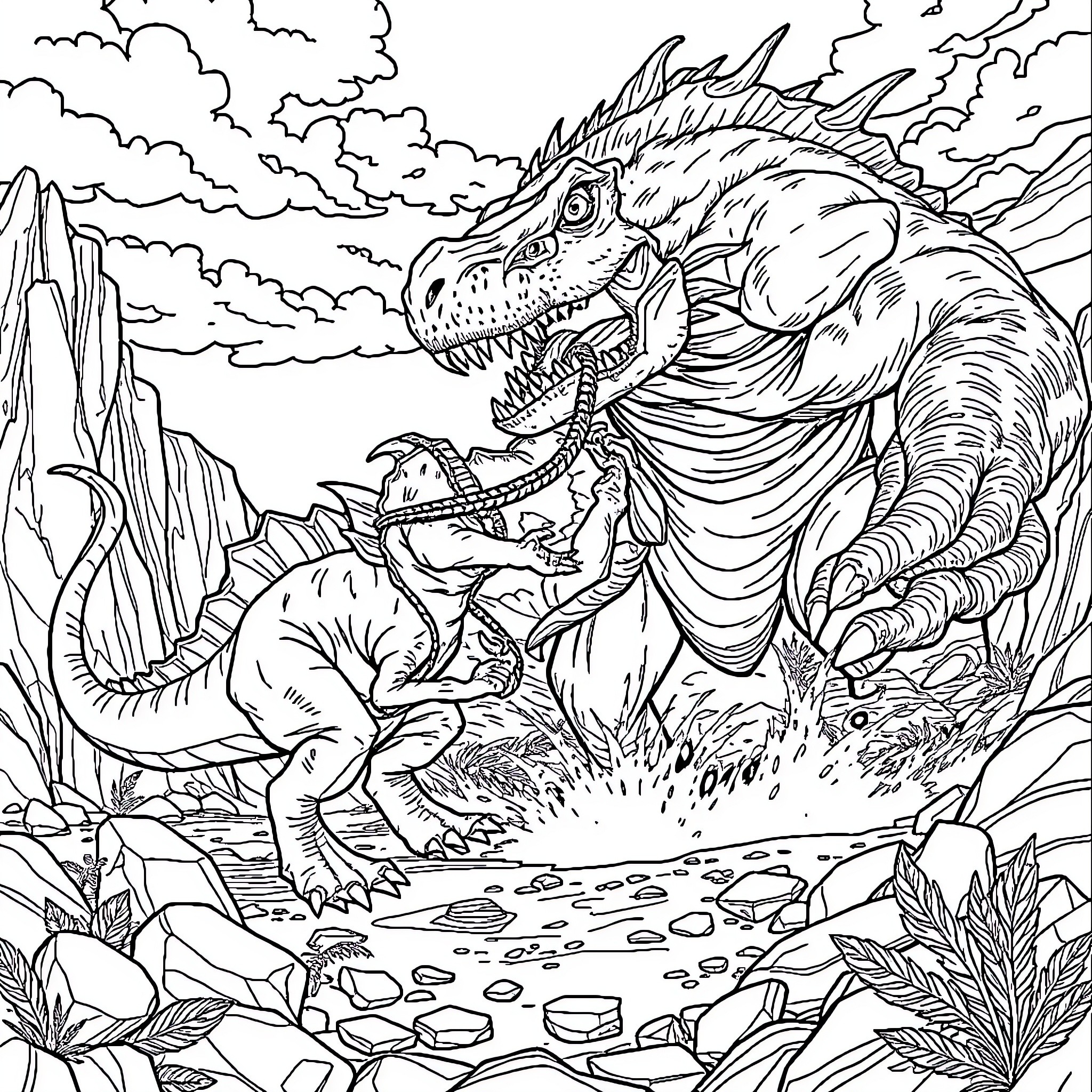 Dinosaur creatures roaming in prehistoric landscape Coloring Page (free black-and-white line drawing printable PDF for all, from beginners to advanced learners, including children, teens, adults, and seniors)