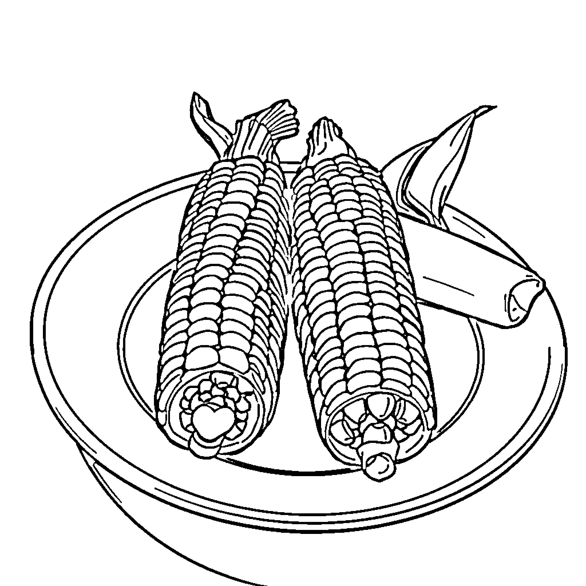 Corn cobs on a plate with serving utensils Coloring Page (free black-and-white line drawing printable PDF for all, from beginners to advanced learners, including children, teens, adults, and seniors)