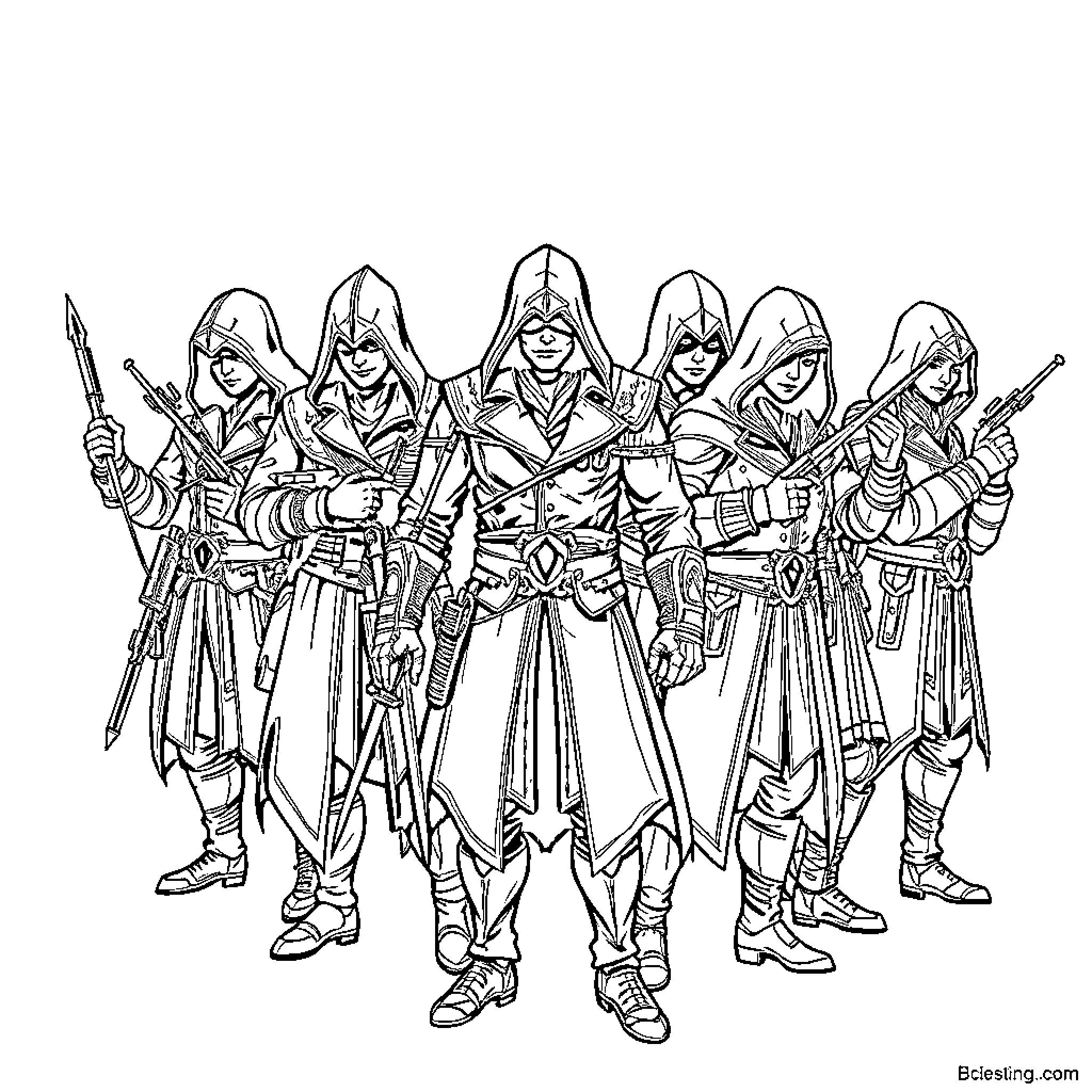 Assassins Striking a Heroic Pose Coloring Page (free black-and-white line drawing printable PDF for all, from beginners to advanced learners, including children, teens, adults, and seniors)