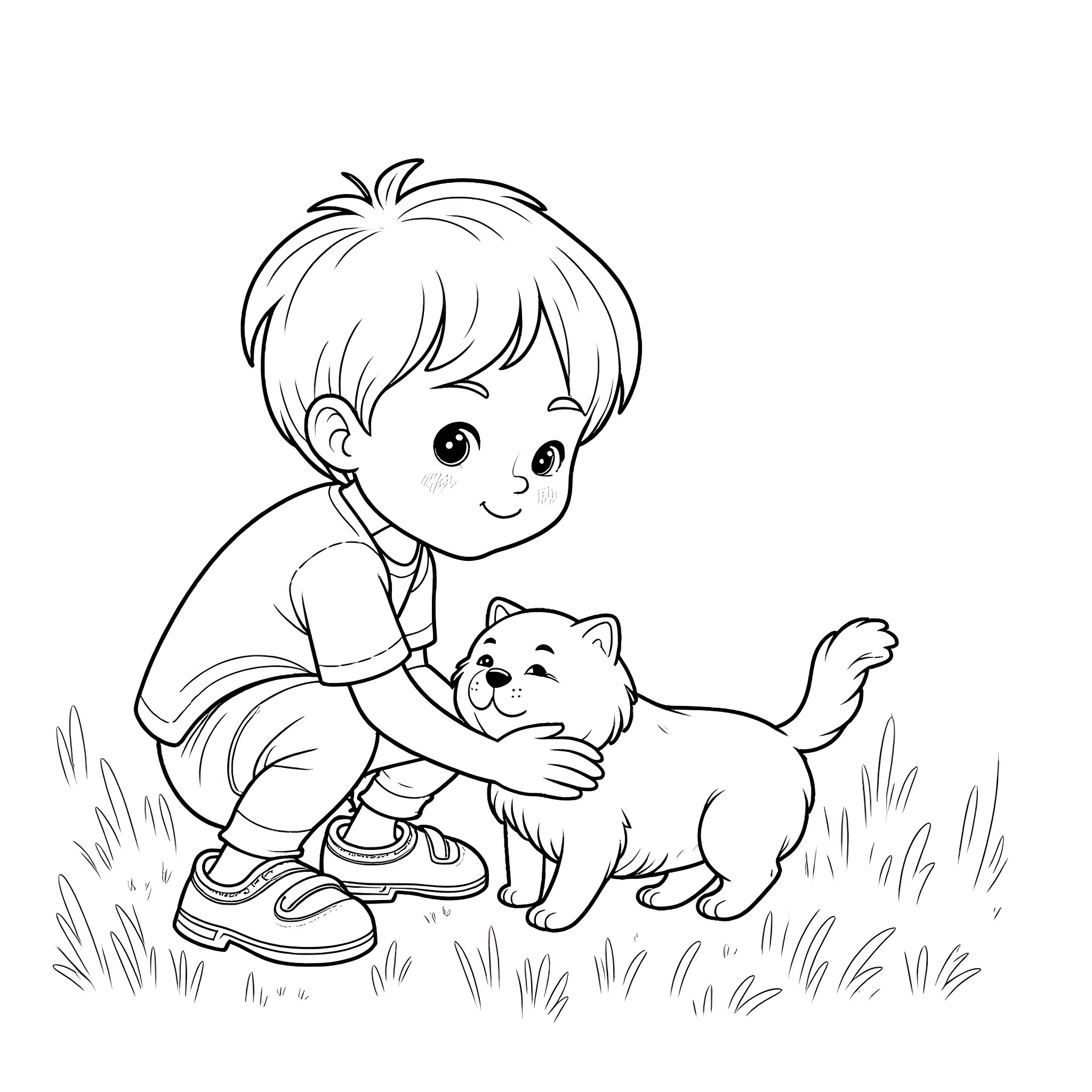 Boy playing happily with his pet cat in the park Coloring Page (free black-and-white line drawing printable PDF for all, from beginners to advanced learners, including children, teens, adults, and seniors)