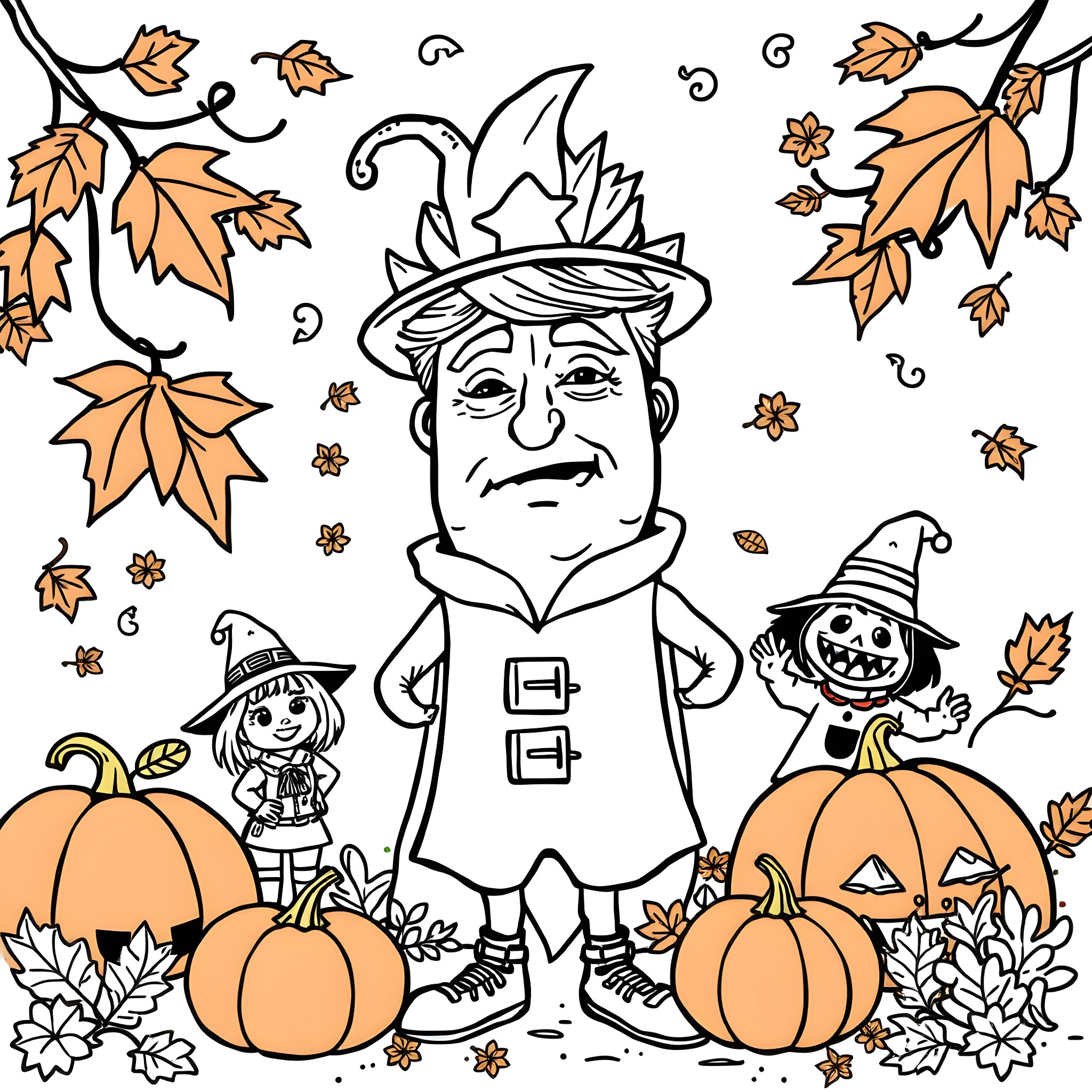 Carrot Autumn Harvest Celebration Coloring Page (free black-and-white line drawing printable PDF for all, from beginners to advanced learners, including children, teens, adults, and seniors)