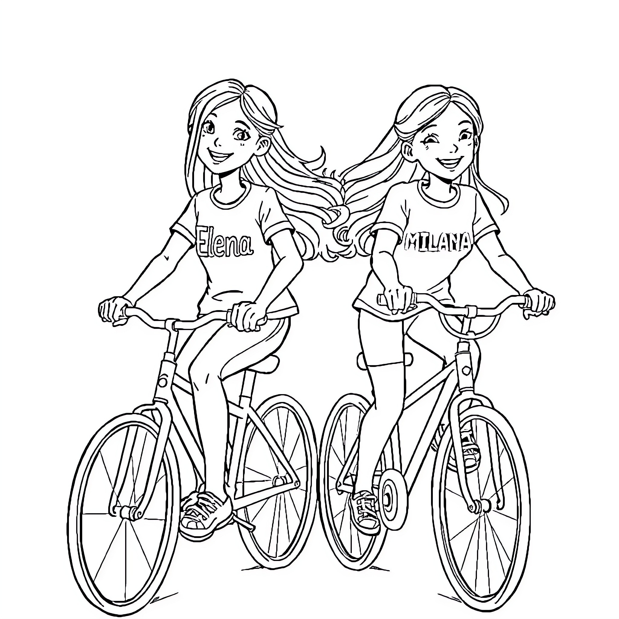 Girls riding bicycles together Coloring Page (free black-and-white line drawing printable PDF for all, from beginners to advanced learners, including children, teens, adults, and seniors)