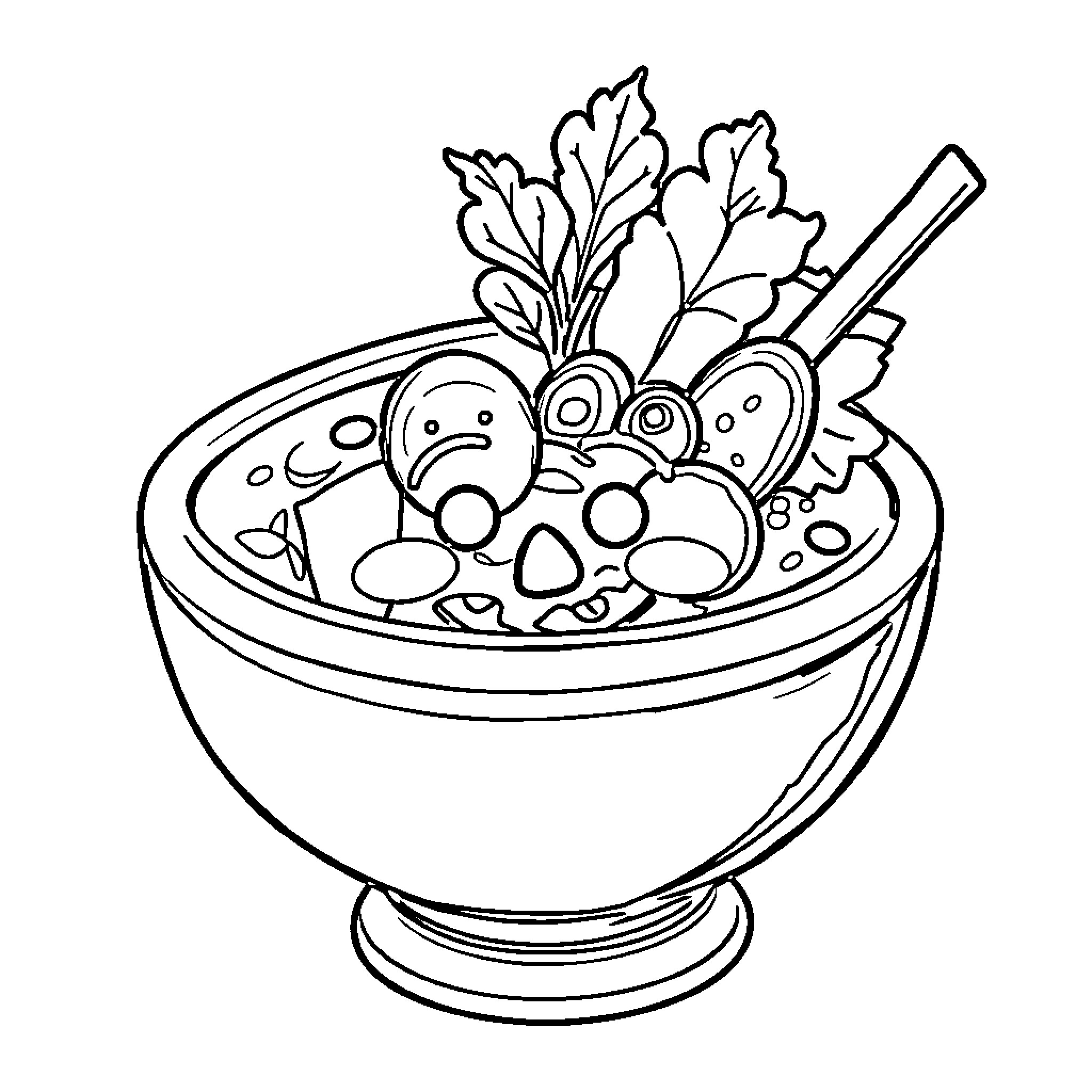 Pozole meal with hearty ingredients Coloring Page (free black-and-white line drawing printable PDF for all, from beginners to advanced learners, including children, teens, adults, and seniors)