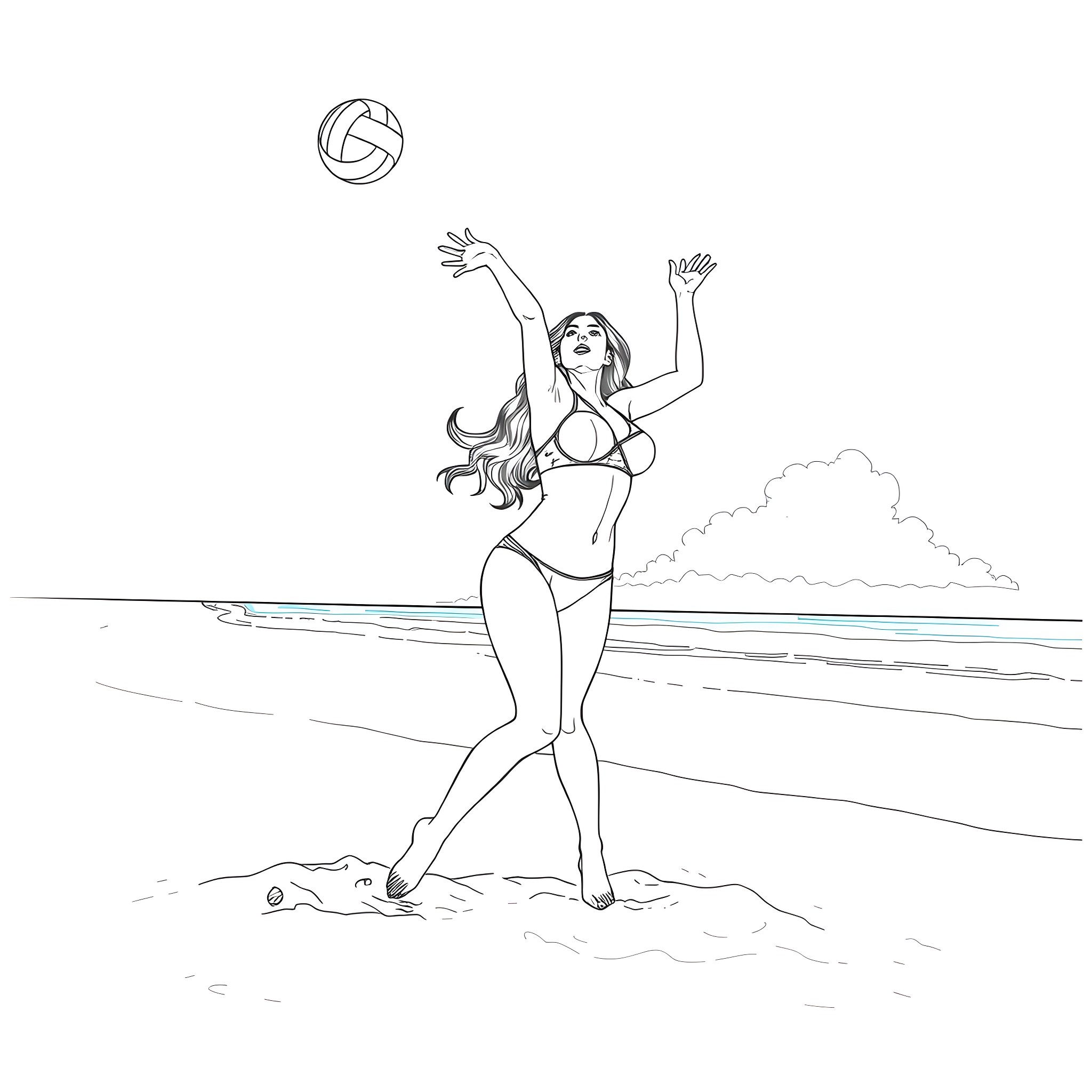 Megan Fox playing volleyball on the beach Coloring Page (free black-and-white line drawing printable PDF for all, from beginners to advanced learners, including children, teens, adults, and seniors)