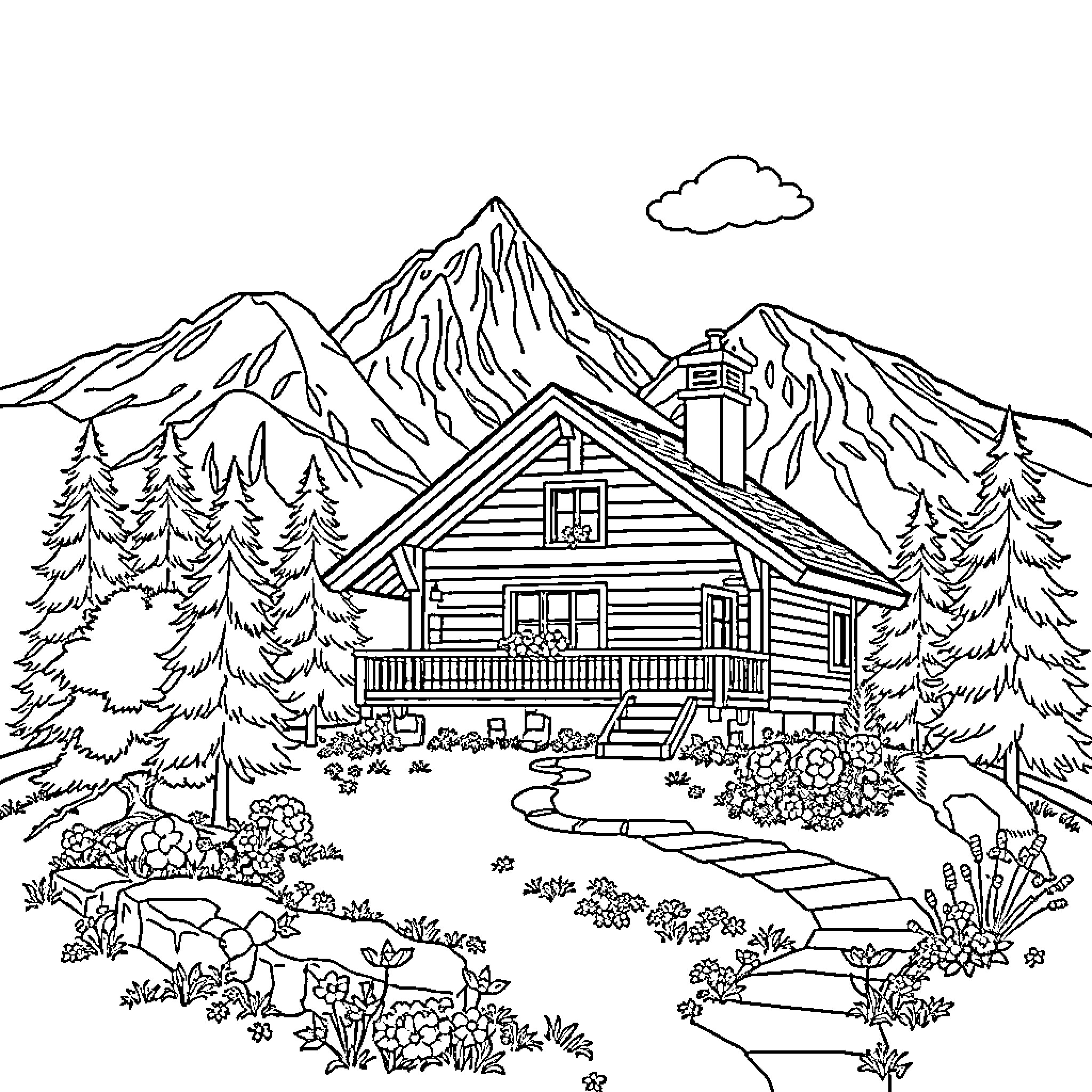House surrounded by mountains and nature scenery Coloring Page (free black-and-white line drawing printable PDF for all, from beginners to advanced learners, including children, teens, adults, and seniors)
