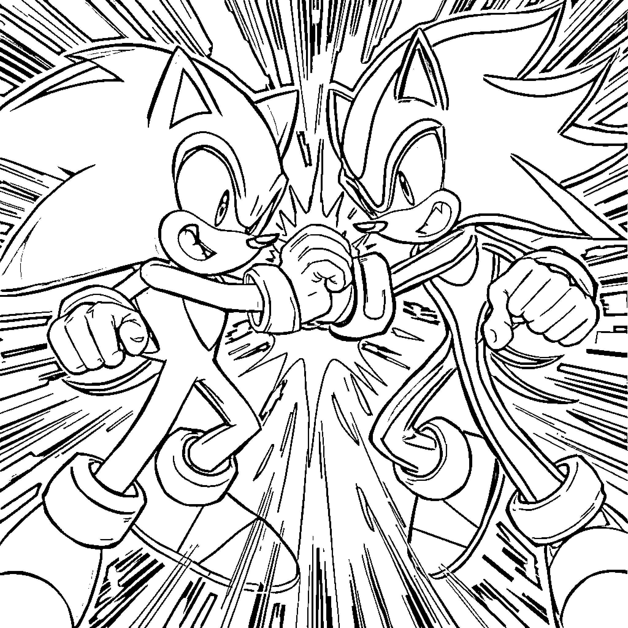 Sonic heroes clash in epic battle Coloring Page (free black-and-white line drawing printable PDF for all, from beginners to advanced learners, including children, teens, adults, and seniors)