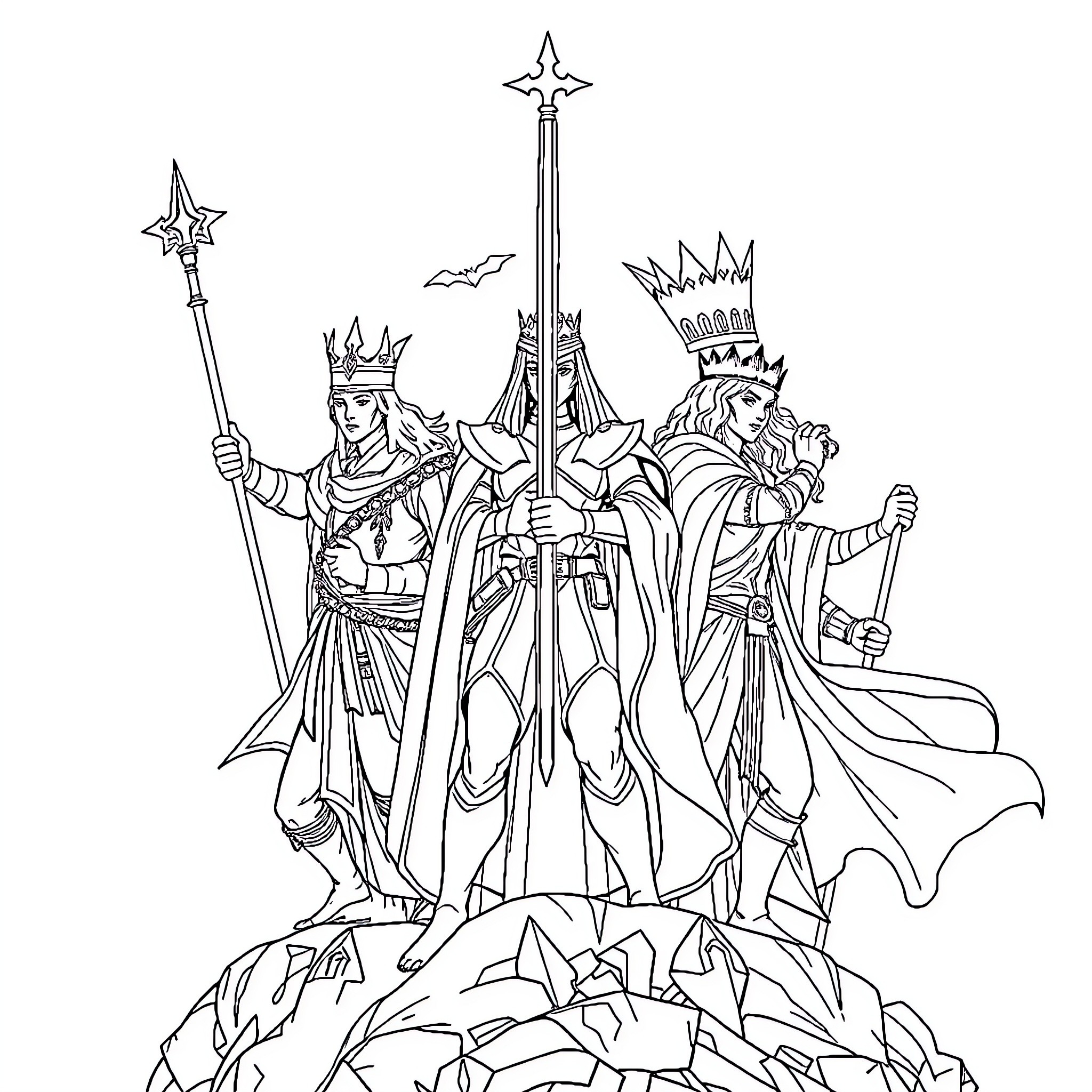 Force of Powerful Rulers Atop Towering Spires Coloring Page (free black-and-white line drawing printable PDF for all, from beginners to advanced learners, including children, teens, adults, and seniors)