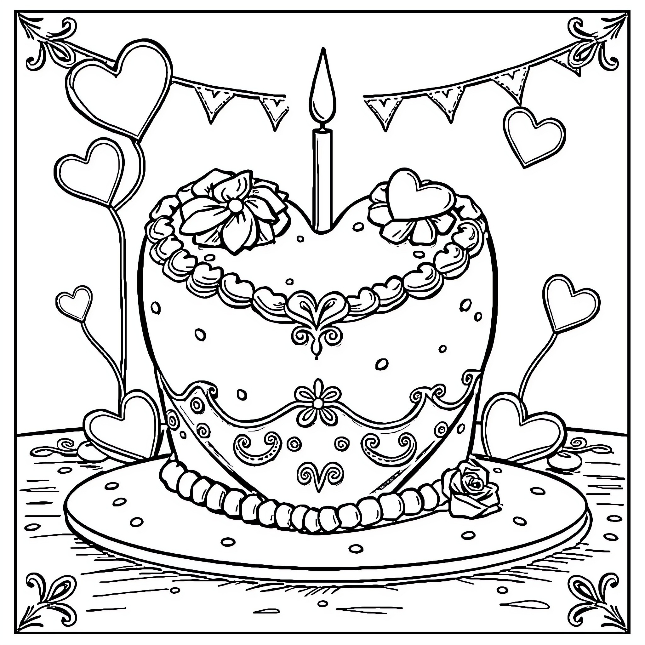 Heart-shaped cake adorned with floral designs Coloring Page (free black-and-white line drawing printable PDF for all, from beginners to advanced learners, including children, teens, adults, and seniors)