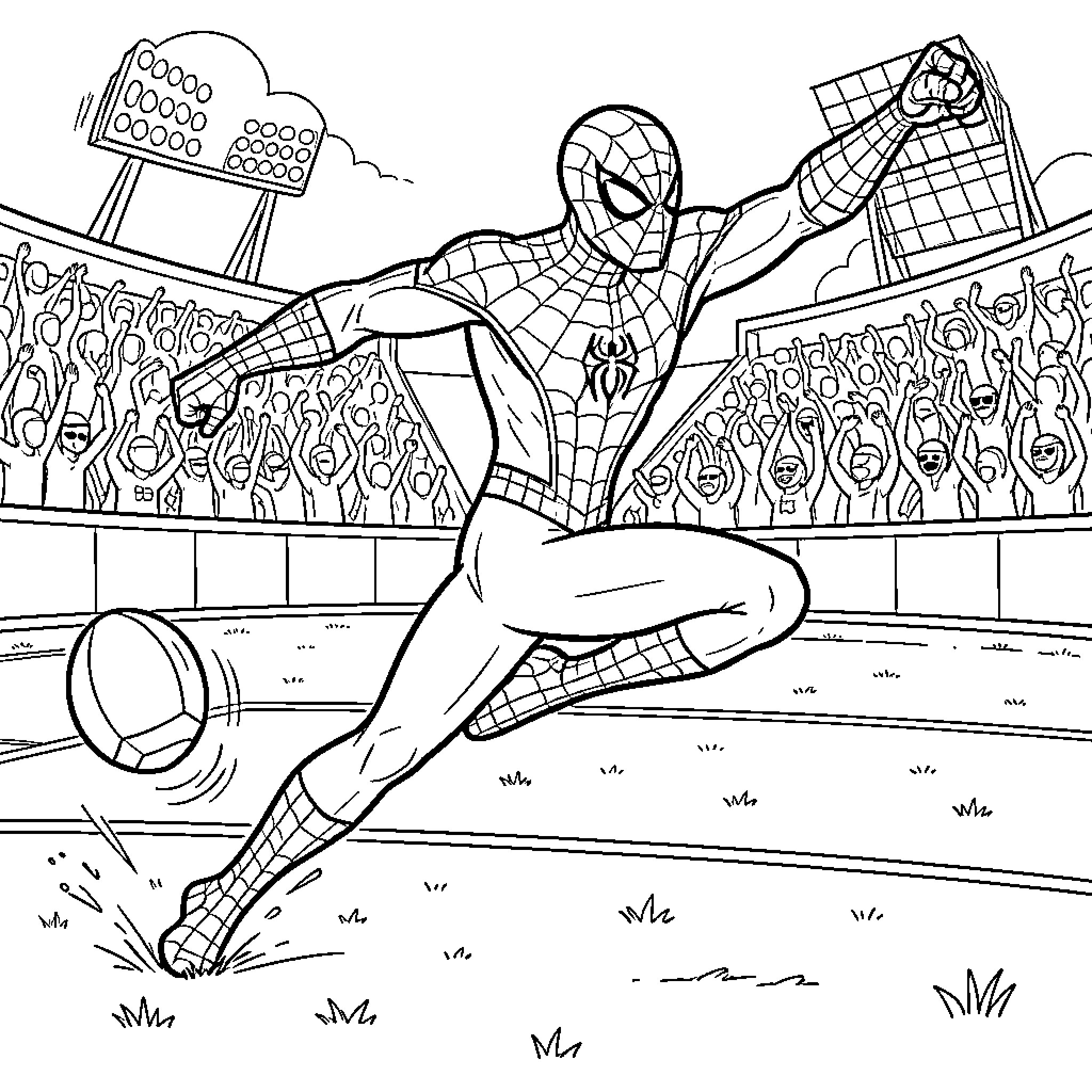 Spiderman kicking a ball in a crowded stadium Coloring Page (free black-and-white line drawing printable PDF for all, from beginners to advanced learners, including children, teens, adults, and seniors)