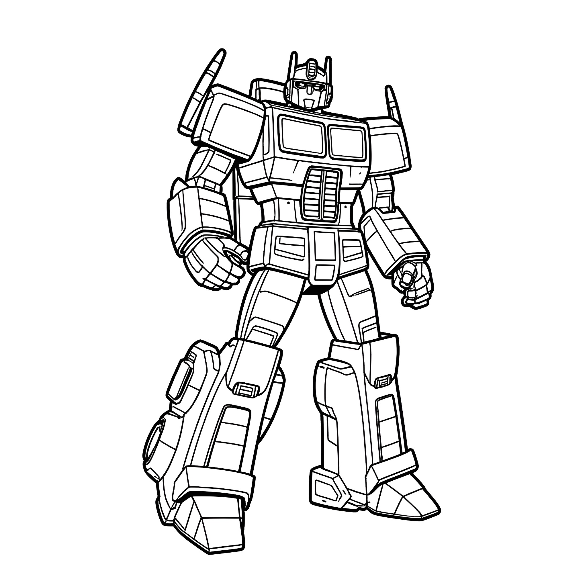 Optimus Prime Transforming Robot in Action Coloring Page (free black-and-white line drawing printable PDF for all, from beginners to advanced learners, including children, teens, adults, and seniors)