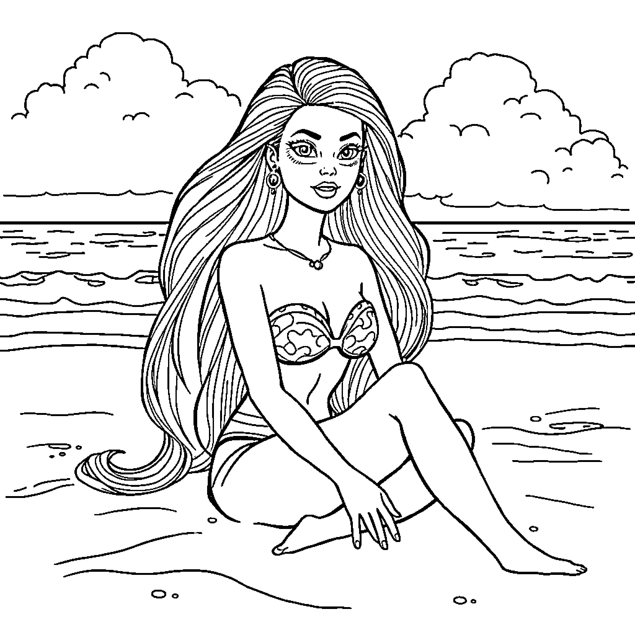 Barbie relaxing on the beach Coloring Page (free black-and-white line drawing printable PDF for all, from beginners to advanced learners, including children, teens, adults, and seniors)