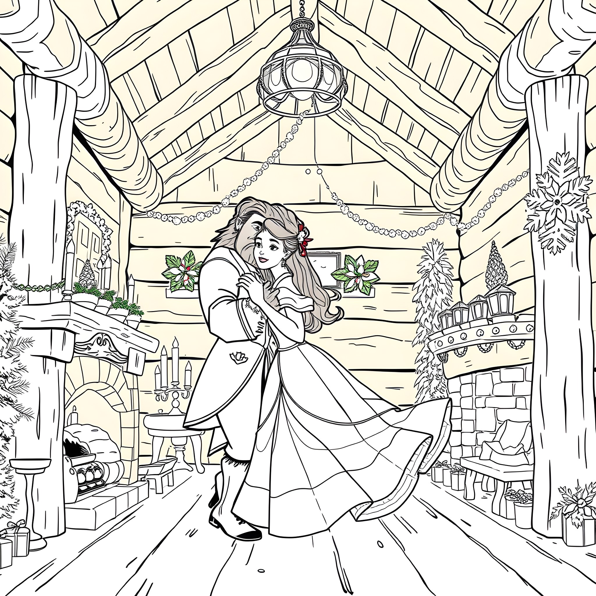 Belle dancing with prince in enchanted castle Coloring Page (free black-and-white line drawing printable PDF for all, from beginners to advanced learners, including children, teens, adults, and seniors)