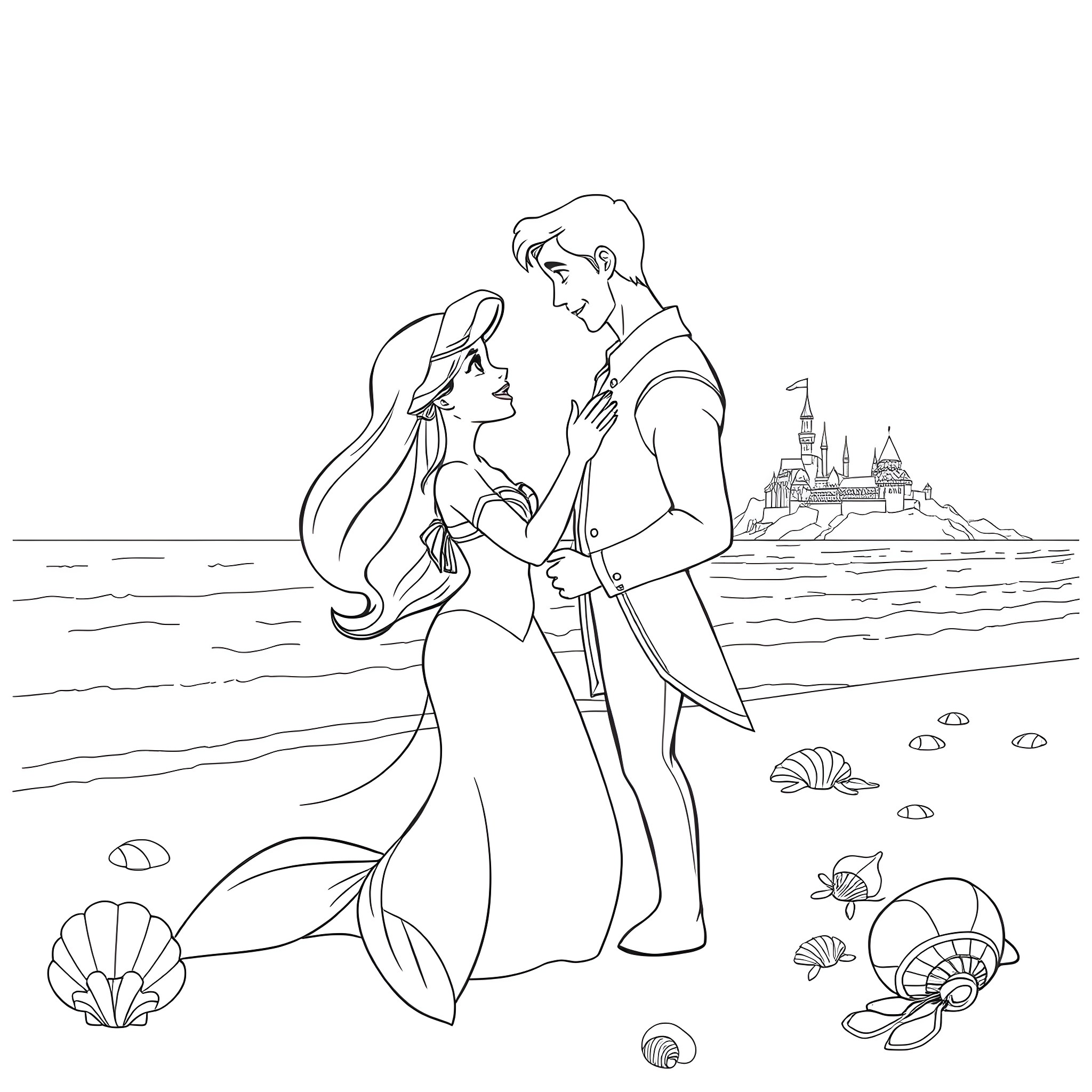 Ariel and Prince Eric embrace on the beach Coloring Page (free black-and-white line drawing printable PDF for all, from beginners to advanced learners, including children, teens, adults, and seniors)