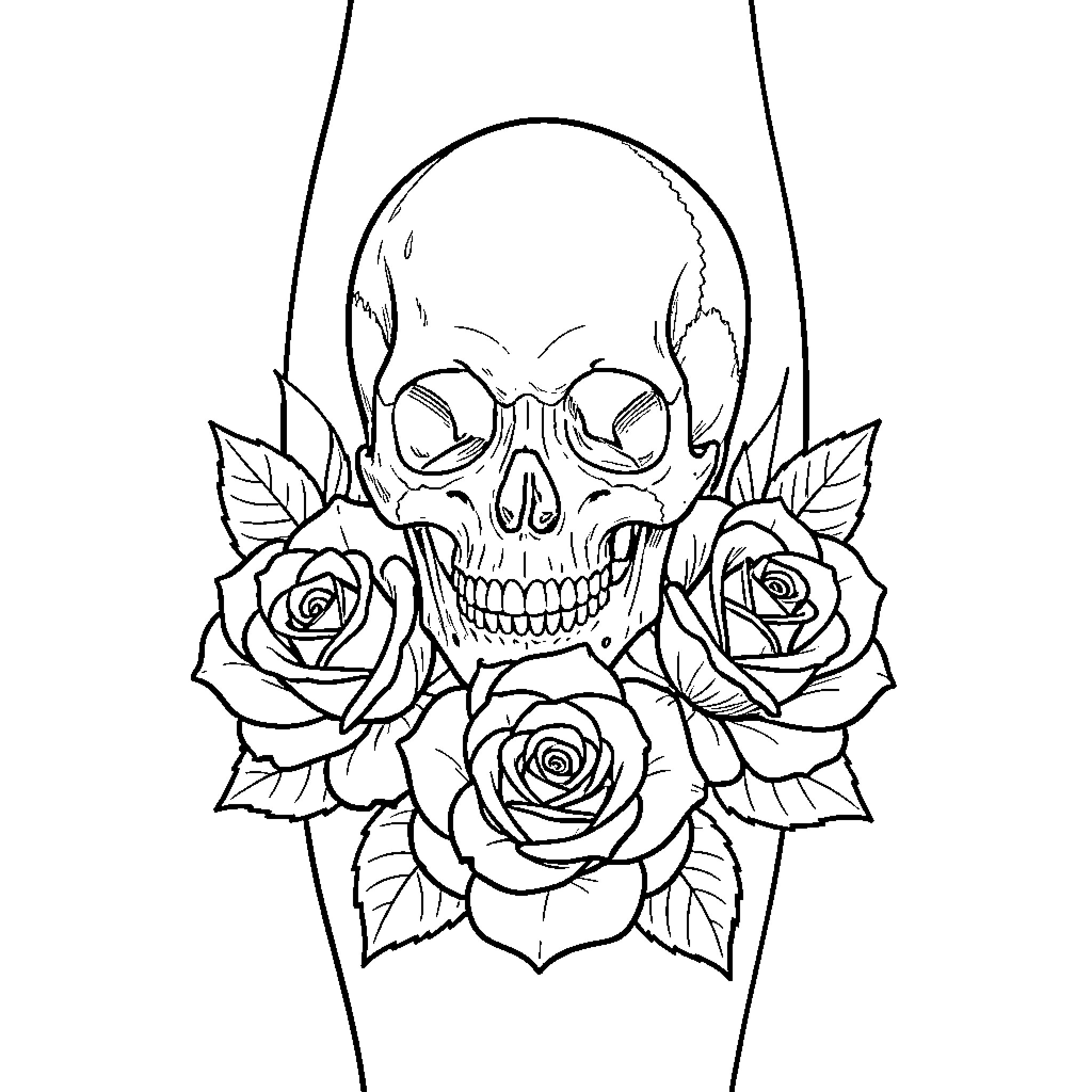Skull surrounded by intricate rose floral arrangement Coloring Page (free black-and-white line drawing printable PDF for all, from beginners to advanced learners, including children, teens, adults, and seniors)