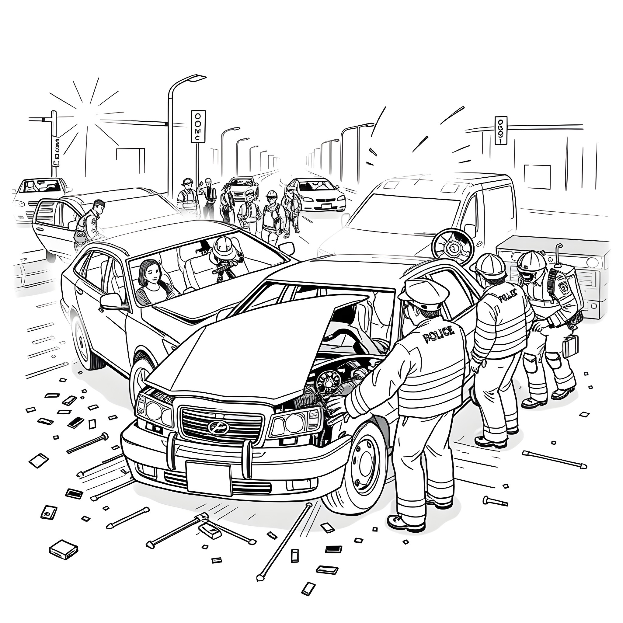 Car Accident Scene with Emergency Response Coloring Page (free black-and-white line drawing printable PDF for all, from beginners to advanced learners, including children, teens, adults, and seniors)